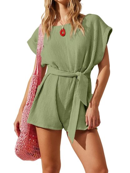 Round neck waffle knit casual tie waist short sleeves