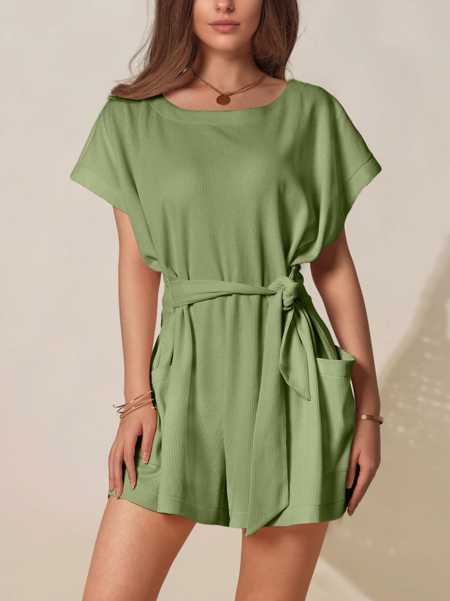 Round neck waffle knit casual tie waist short sleeves