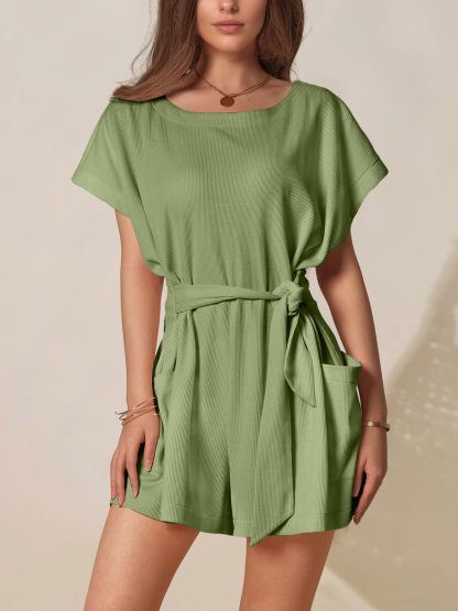 Round neck waffle knit casual tie waist short sleeves