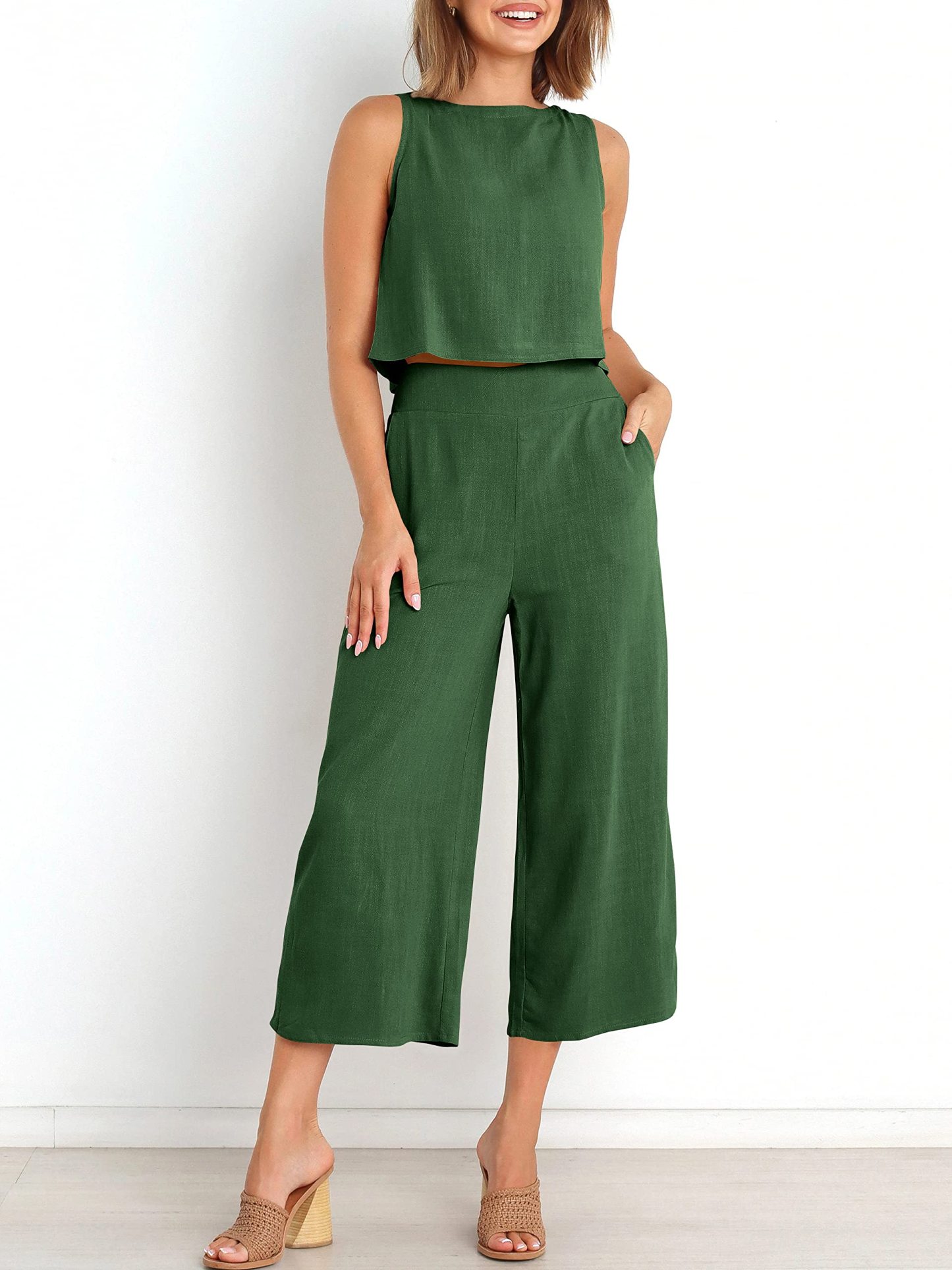 Sleeveless Tank Wide Leg Pants With Pockets-hivebabe.com