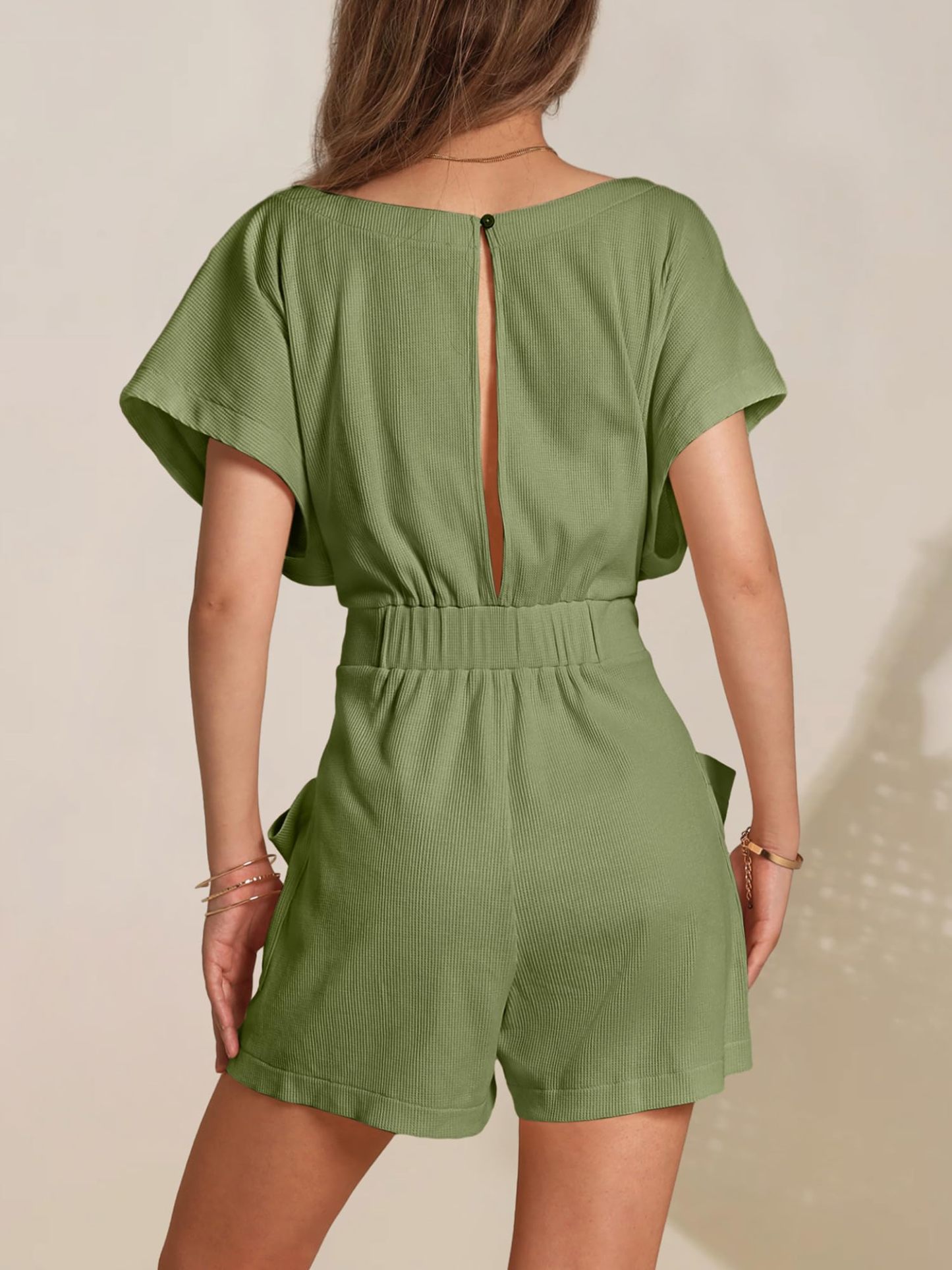 Round neck waffle knit casual tie waist short sleeves