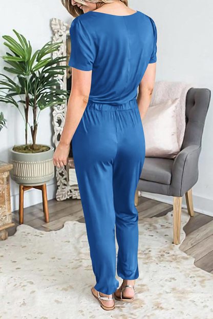 Casual Deep V-neck Short-sleeved Wrap Drawstring Jumpsuit