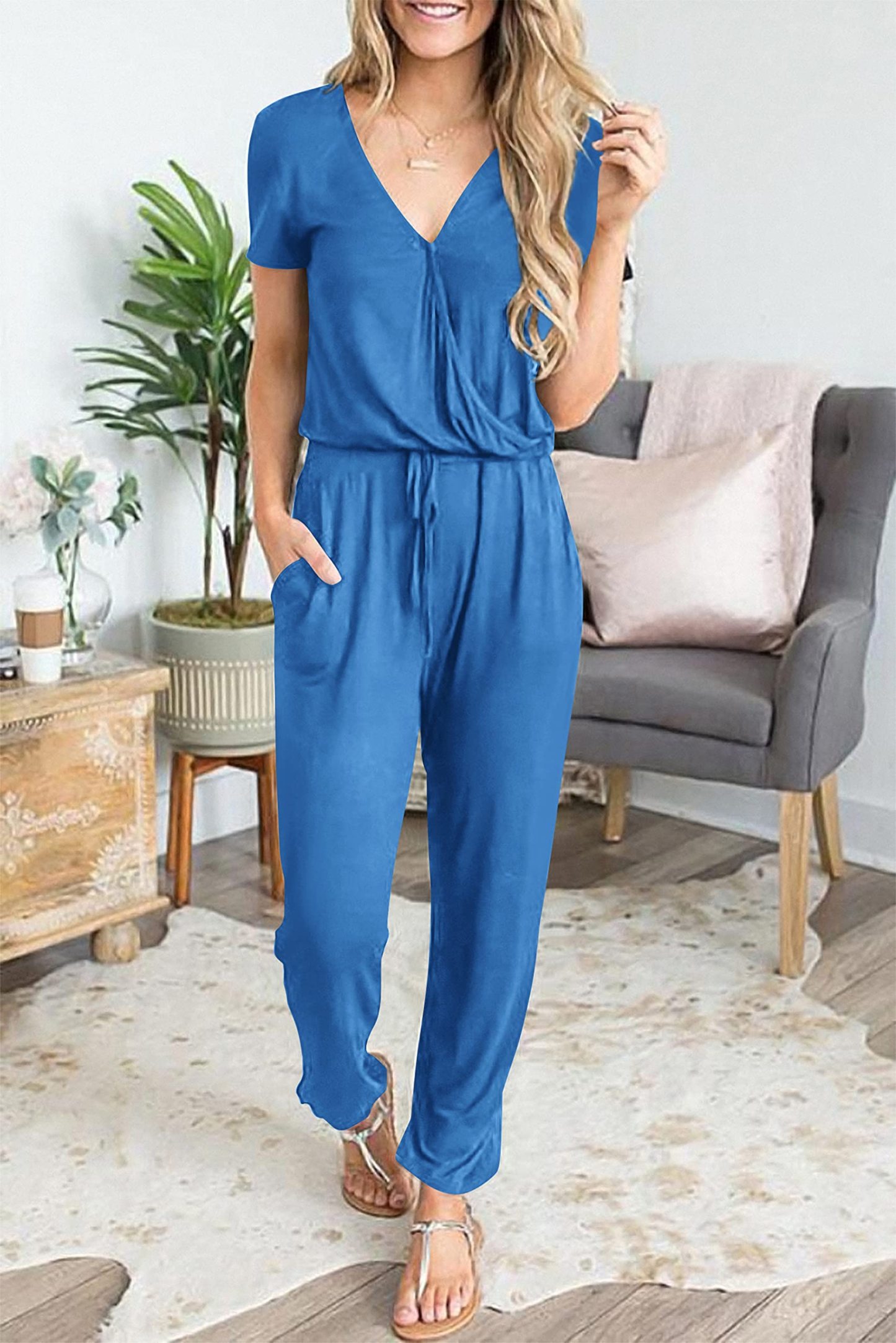Casual Deep V-neck Short-sleeved Wrap Drawstring Jumpsuit
