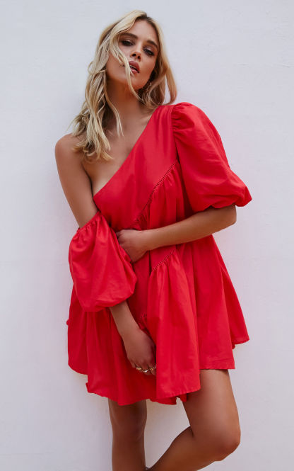 Linen-look Asymmetrical Trim Puff-Sleeve Mini Dress