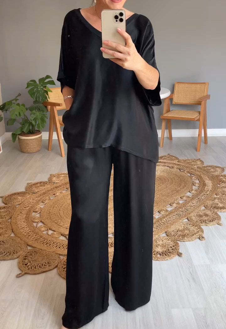 HOT SALE V-neck Satin Top and Wide Leg Two-piece Set