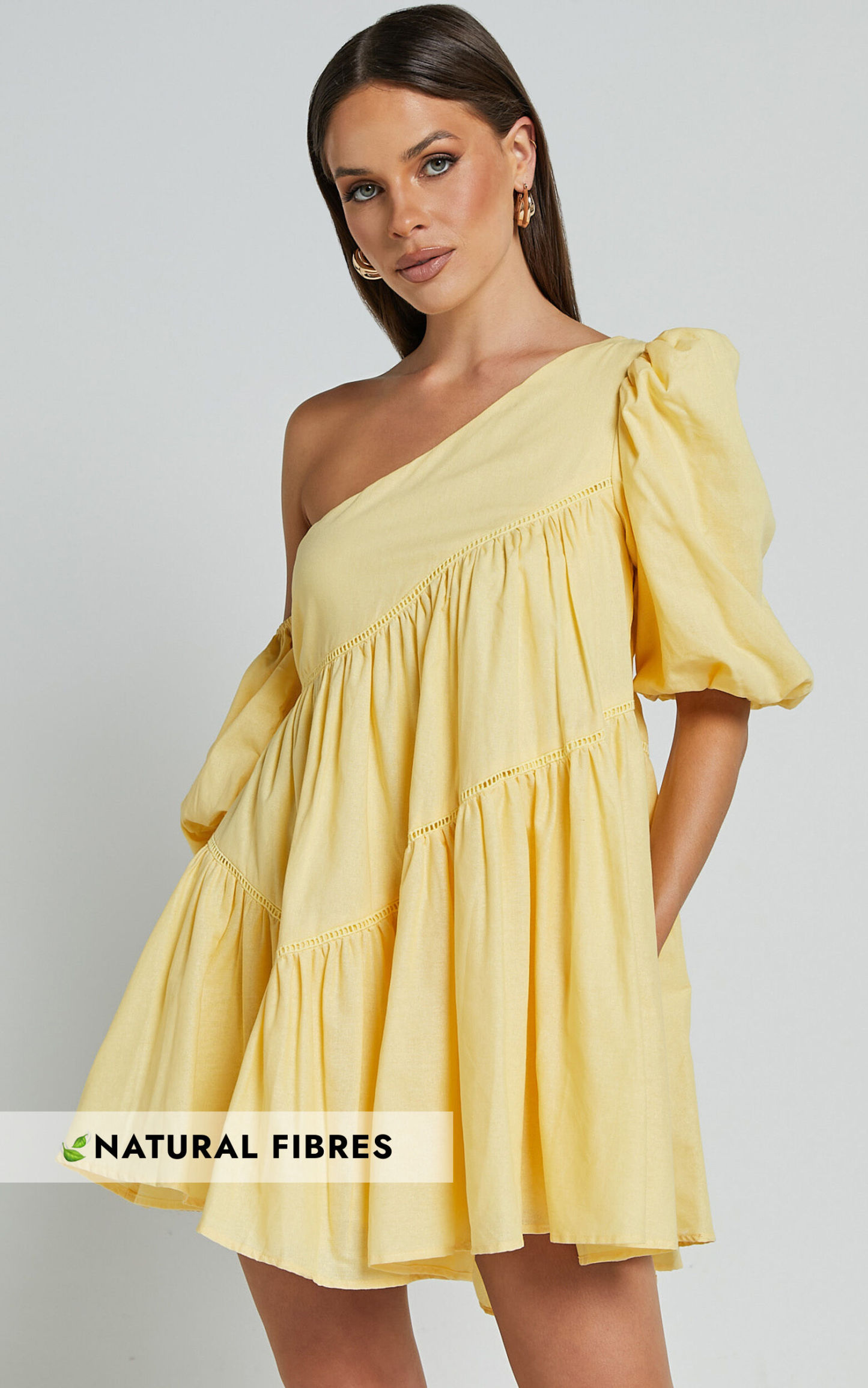 Linen-look Asymmetrical Trim Puff-Sleeve Mini Dress