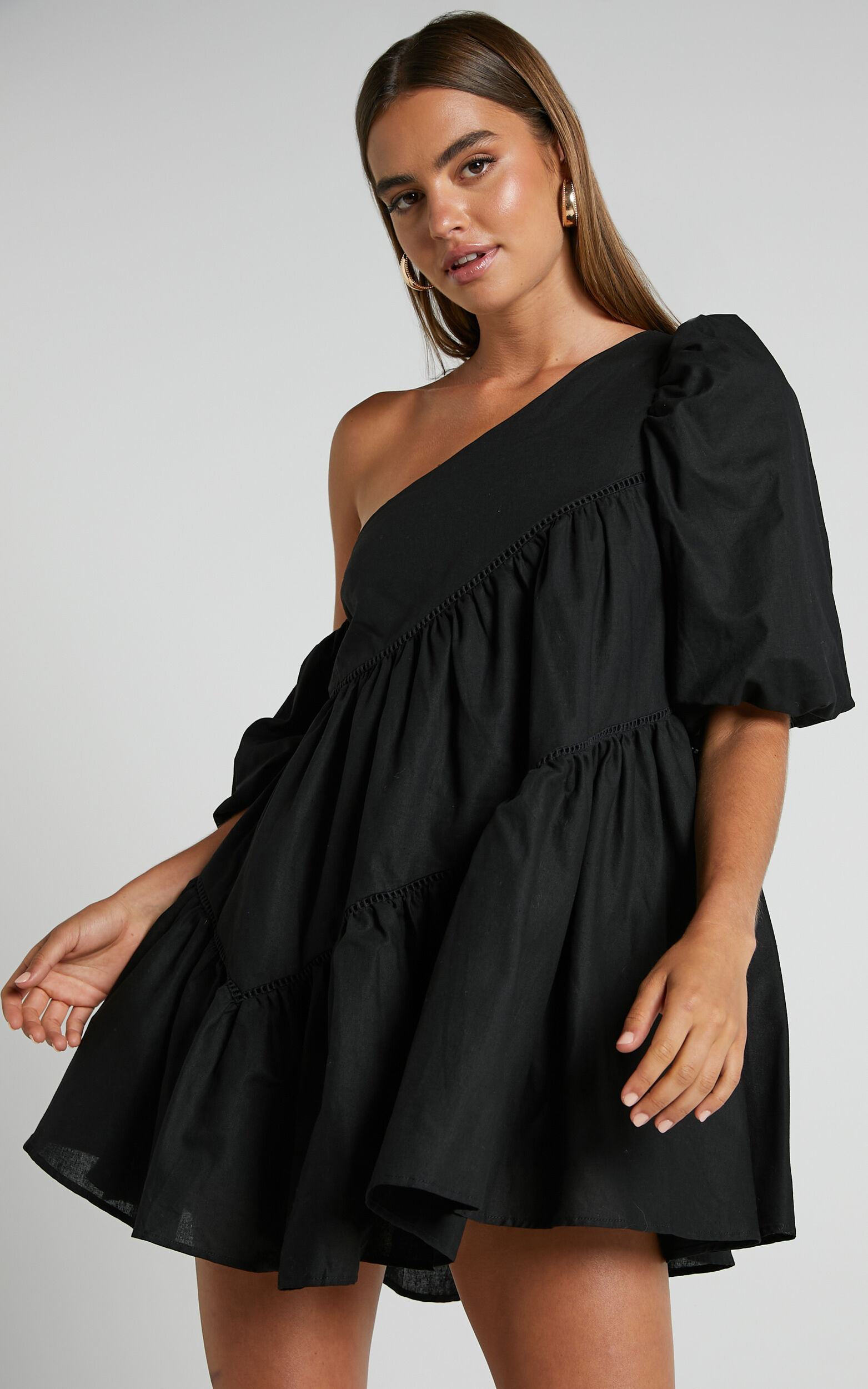 Linen-look Asymmetrical Trim Puff-Sleeve Mini Dress