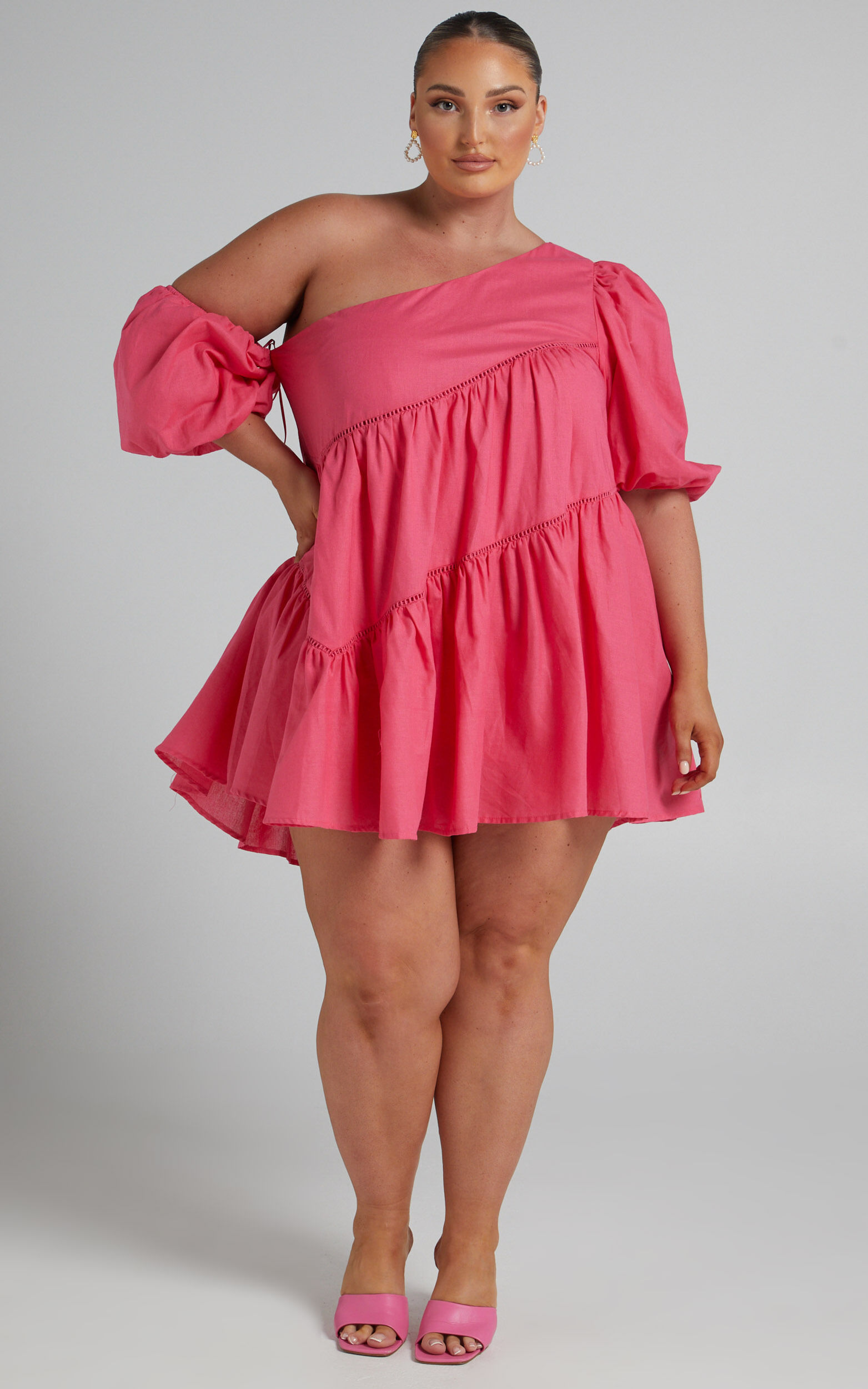 Linen-look Asymmetrical Trim Puff-Sleeve Mini Dress