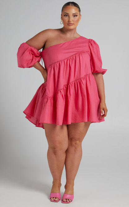 Linen-look Asymmetrical Trim Puff-Sleeve Mini Dress