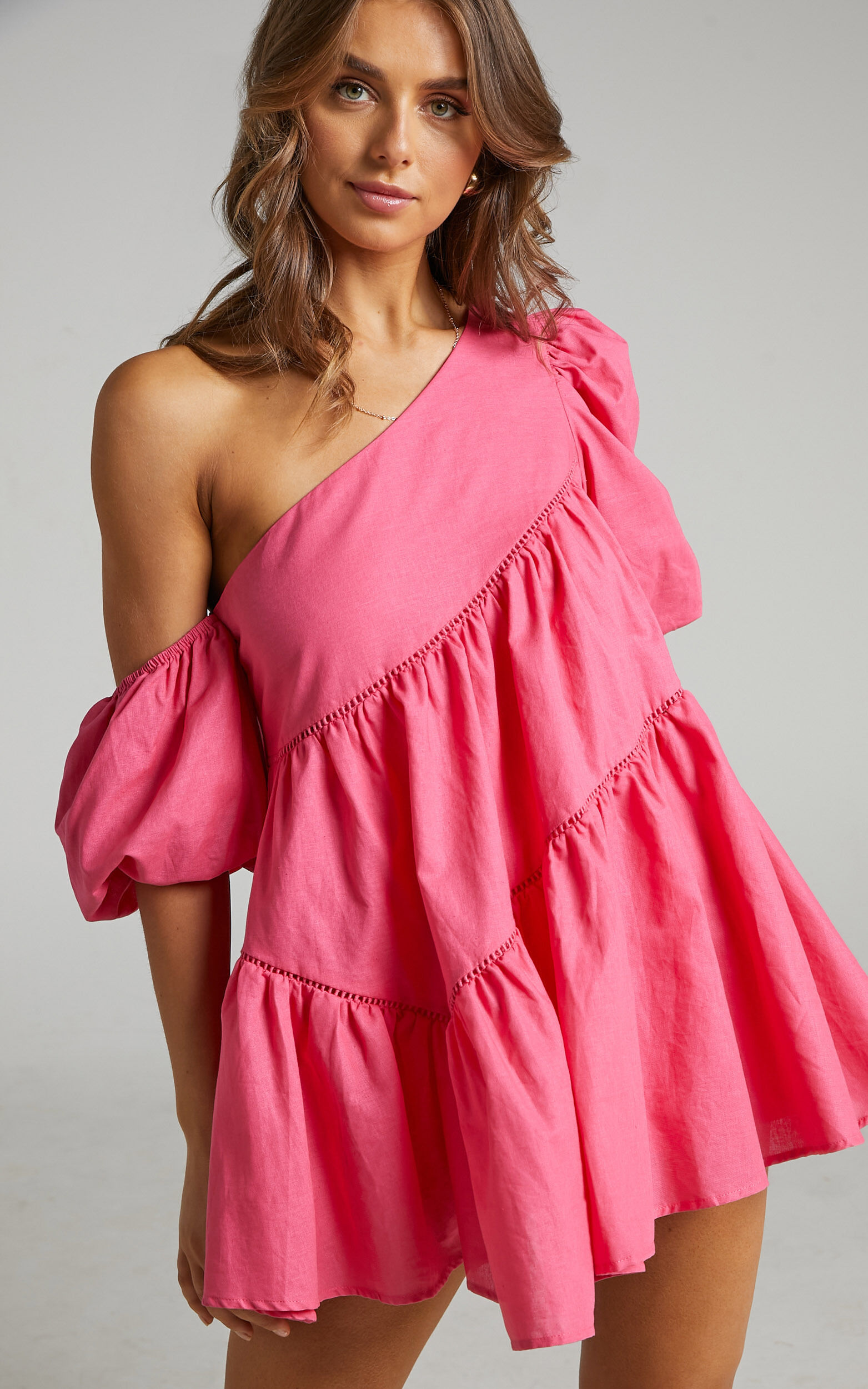 Linen-look Asymmetrical Trim Puff-Sleeve Mini Dress