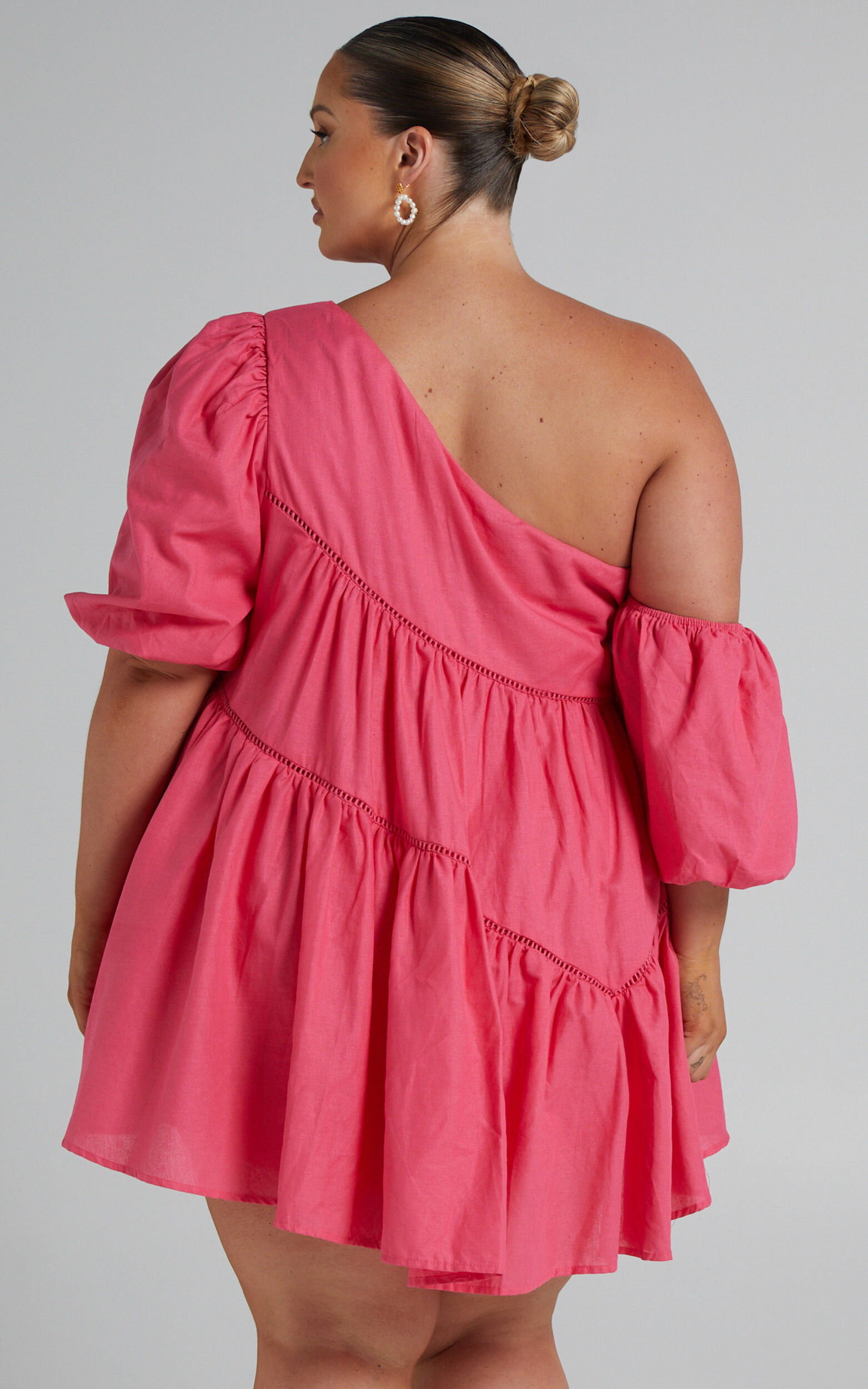 Linen-look Asymmetrical Trim Puff-Sleeve Mini Dress