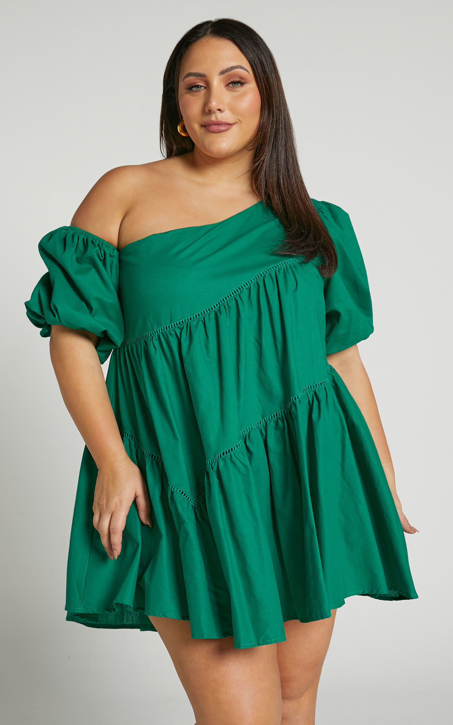 Linen-look Asymmetrical Trim Puff-Sleeve Mini Dress