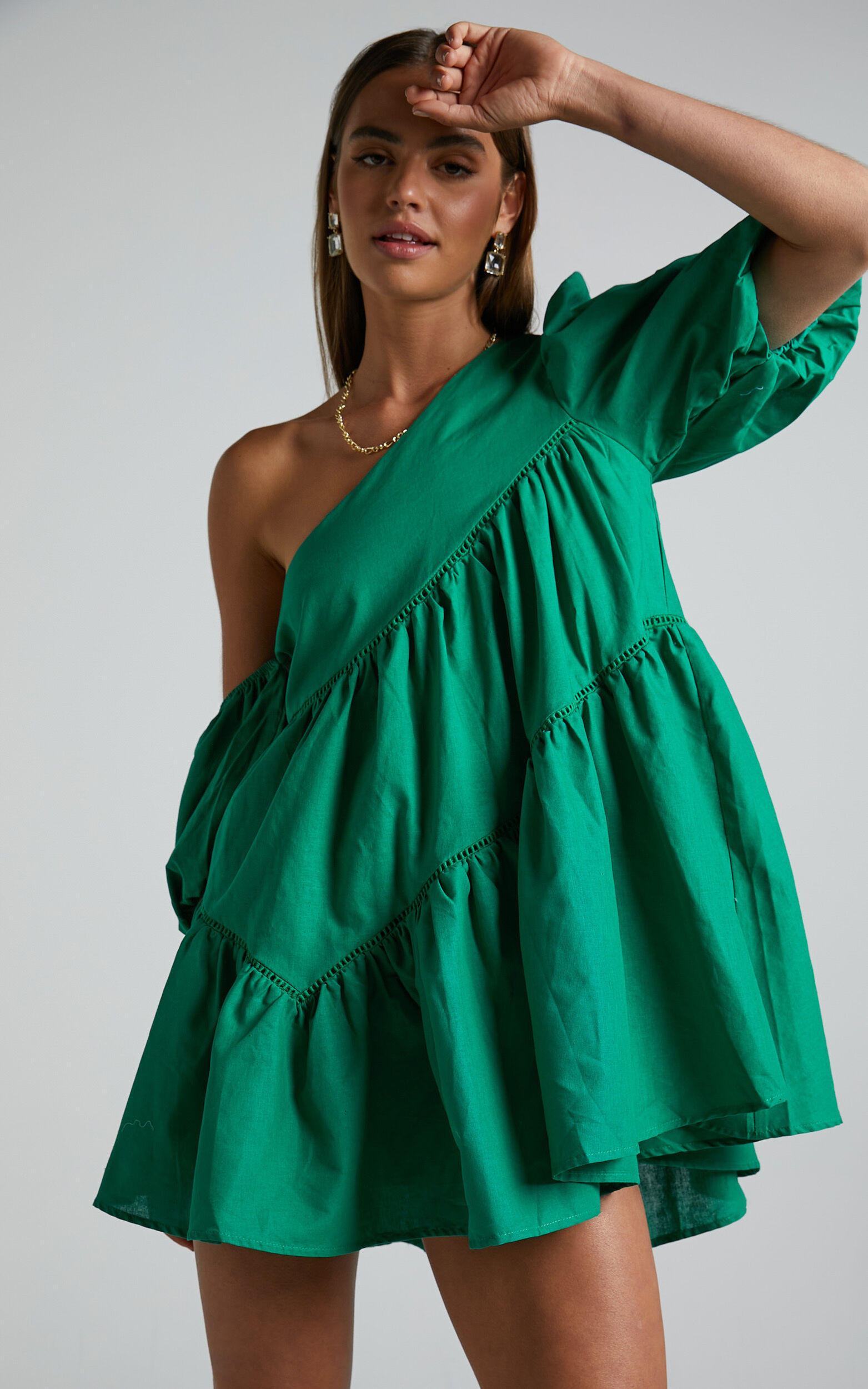 Linen-look Asymmetrical Trim Puff-Sleeve Mini Dress