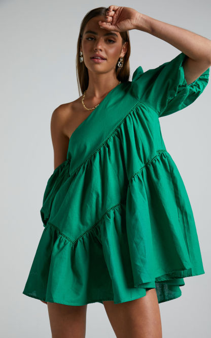 Linen-look Asymmetrical Trim Puff-Sleeve Mini Dress
