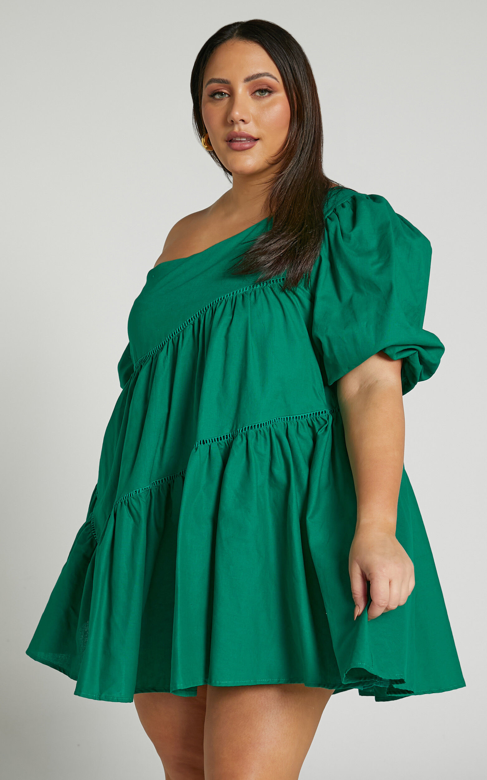 Linen-look Asymmetrical Trim Puff-Sleeve Mini Dress