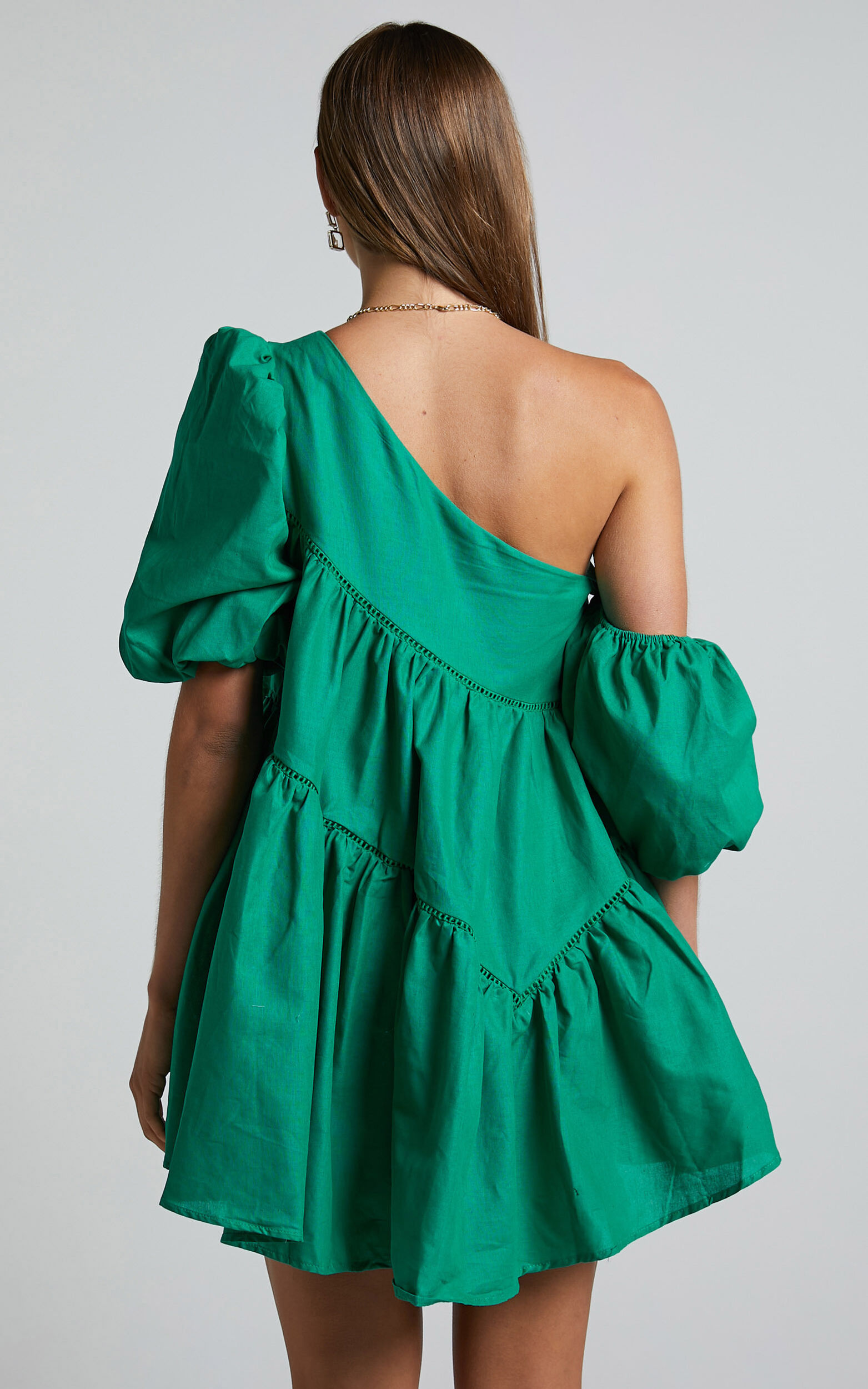 Linen-look Asymmetrical Trim Puff-Sleeve Mini Dress