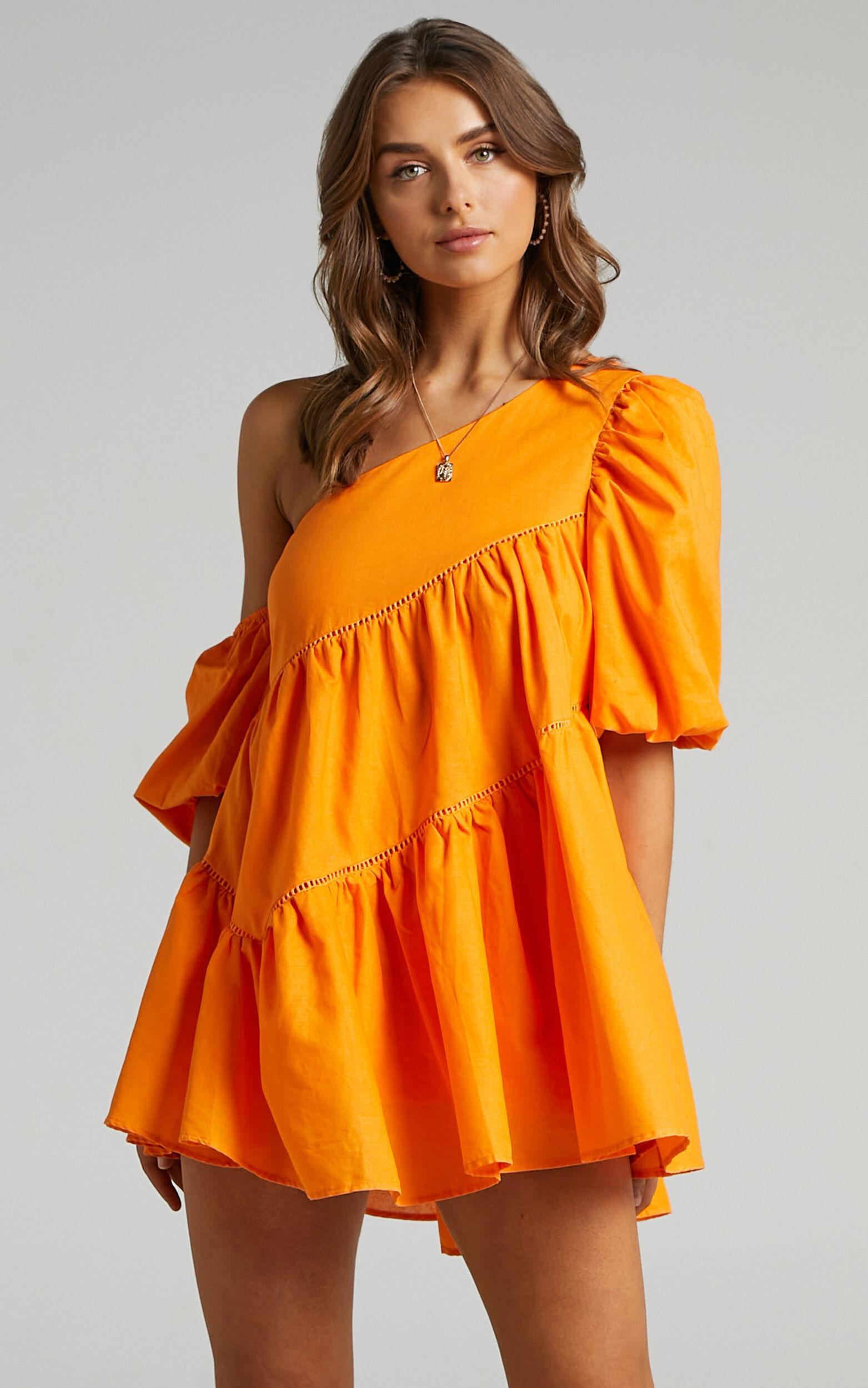 Linen-look Asymmetrical Trim Puff-Sleeve Mini Dress