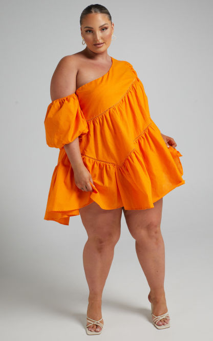 Linen-look Asymmetrical Trim Puff-Sleeve Mini Dress