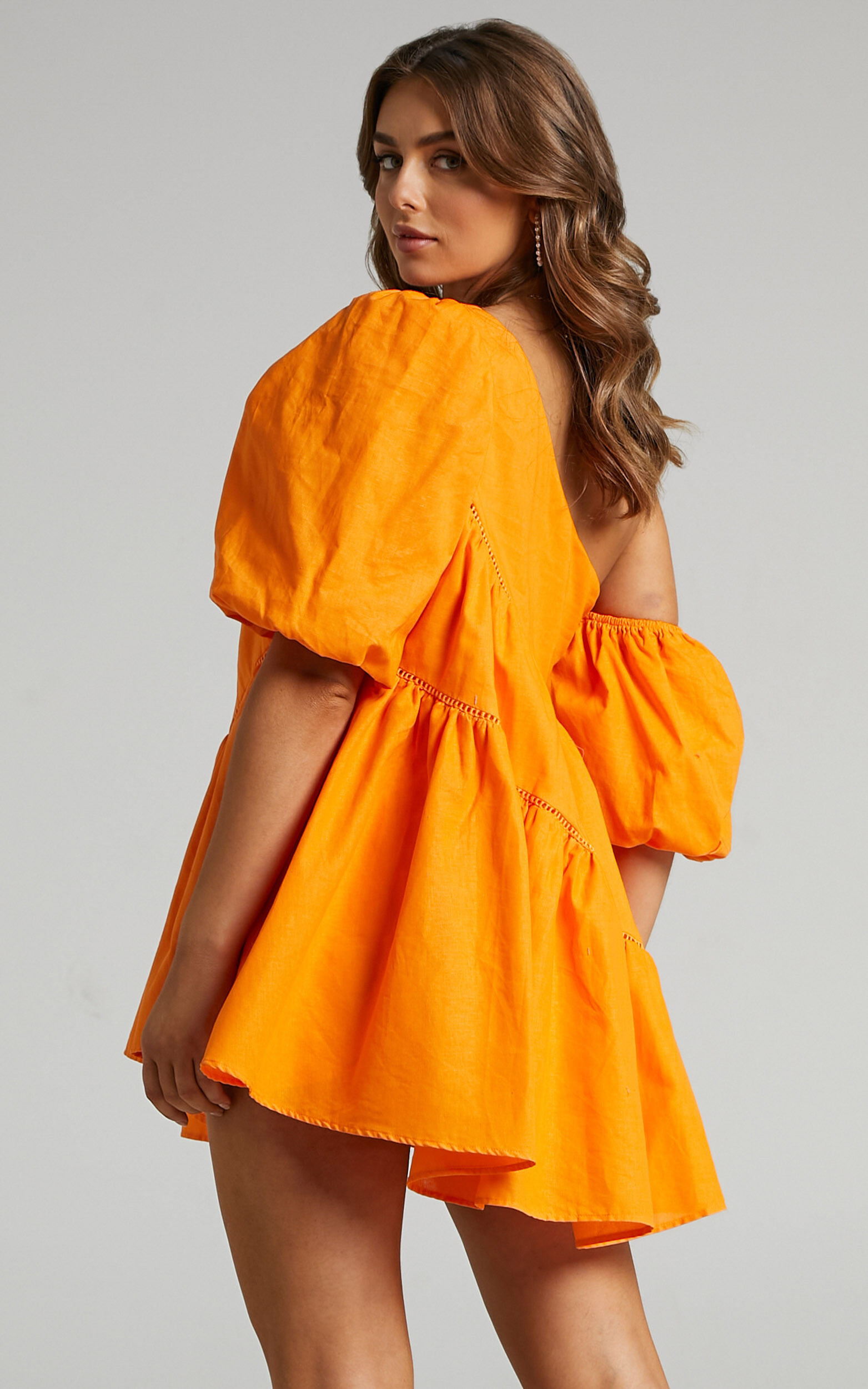 Linen-look Asymmetrical Trim Puff-Sleeve Mini Dress