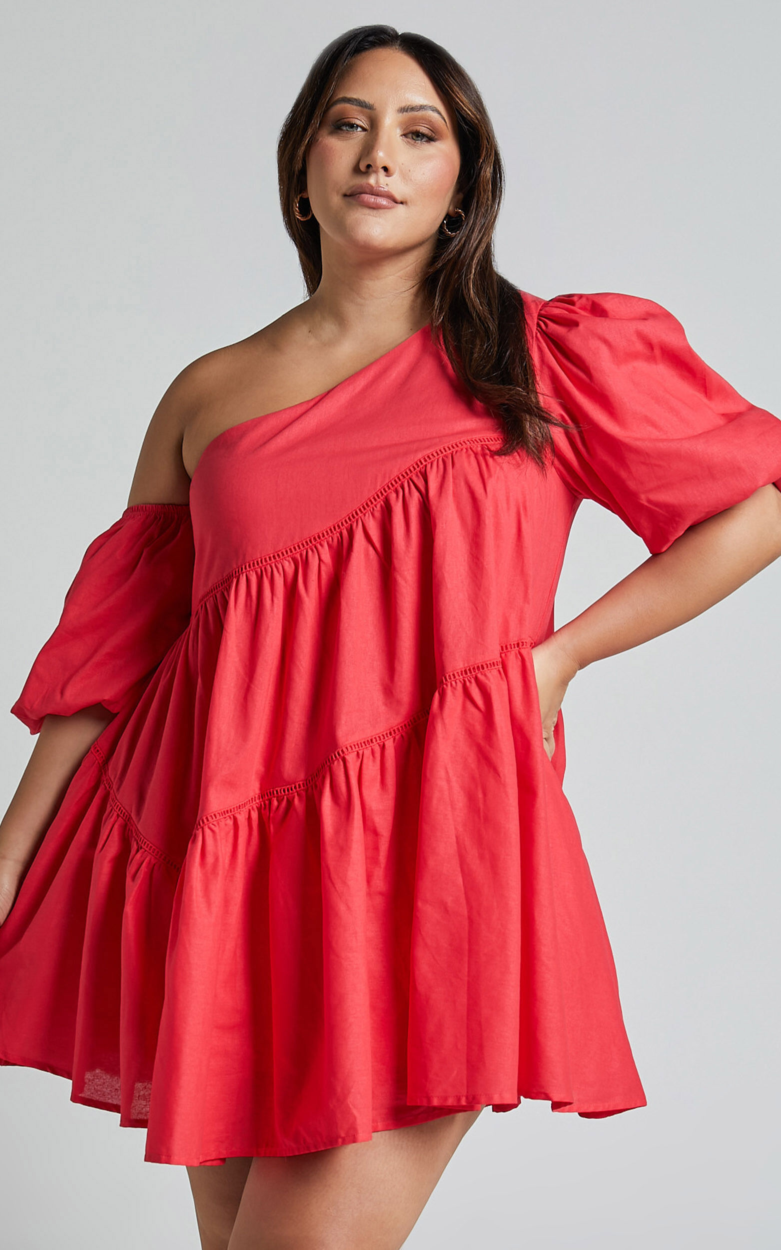 Linen-look Asymmetrical Trim Puff-Sleeve Mini Dress