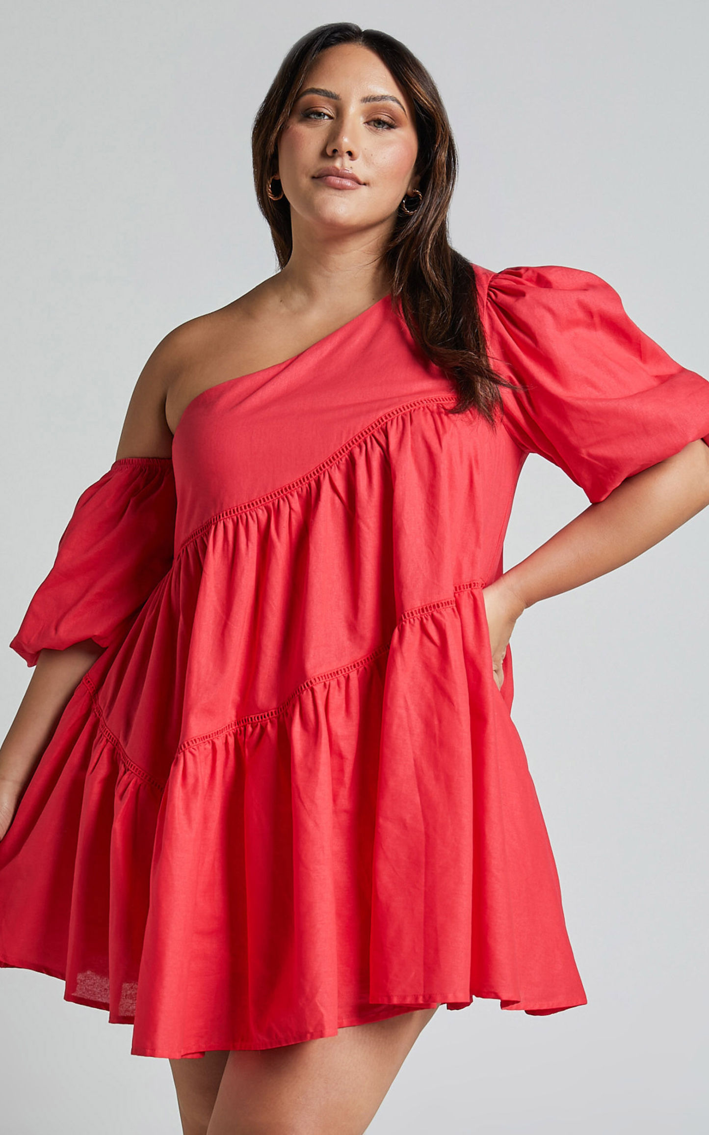 Linen-look Asymmetrical Trim Puff-Sleeve Mini Dress