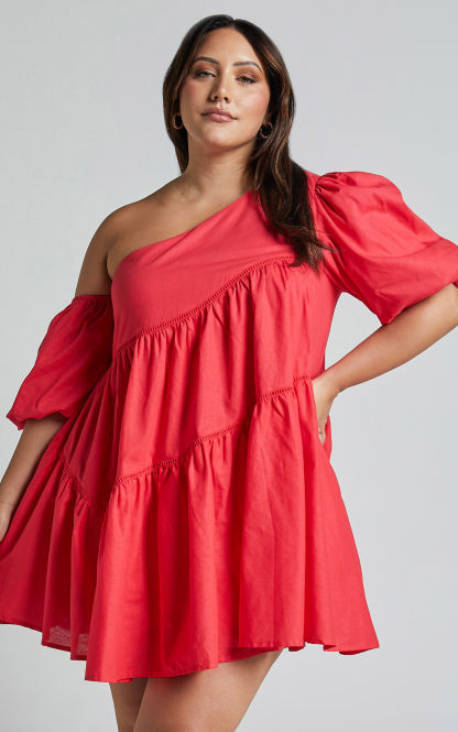 Linen-look Asymmetrical Trim Puff-Sleeve Mini Dress