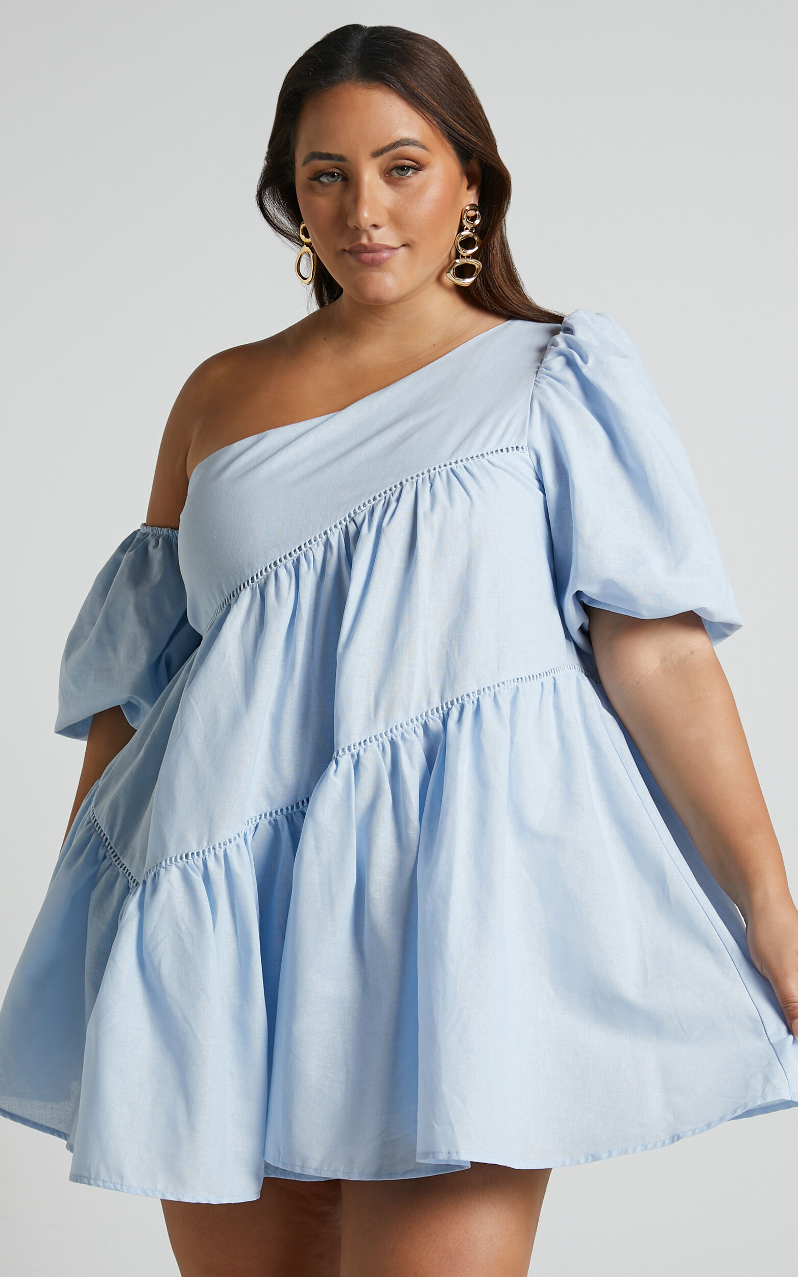 Linen-look Asymmetrical Trim Puff-Sleeve Mini Dress