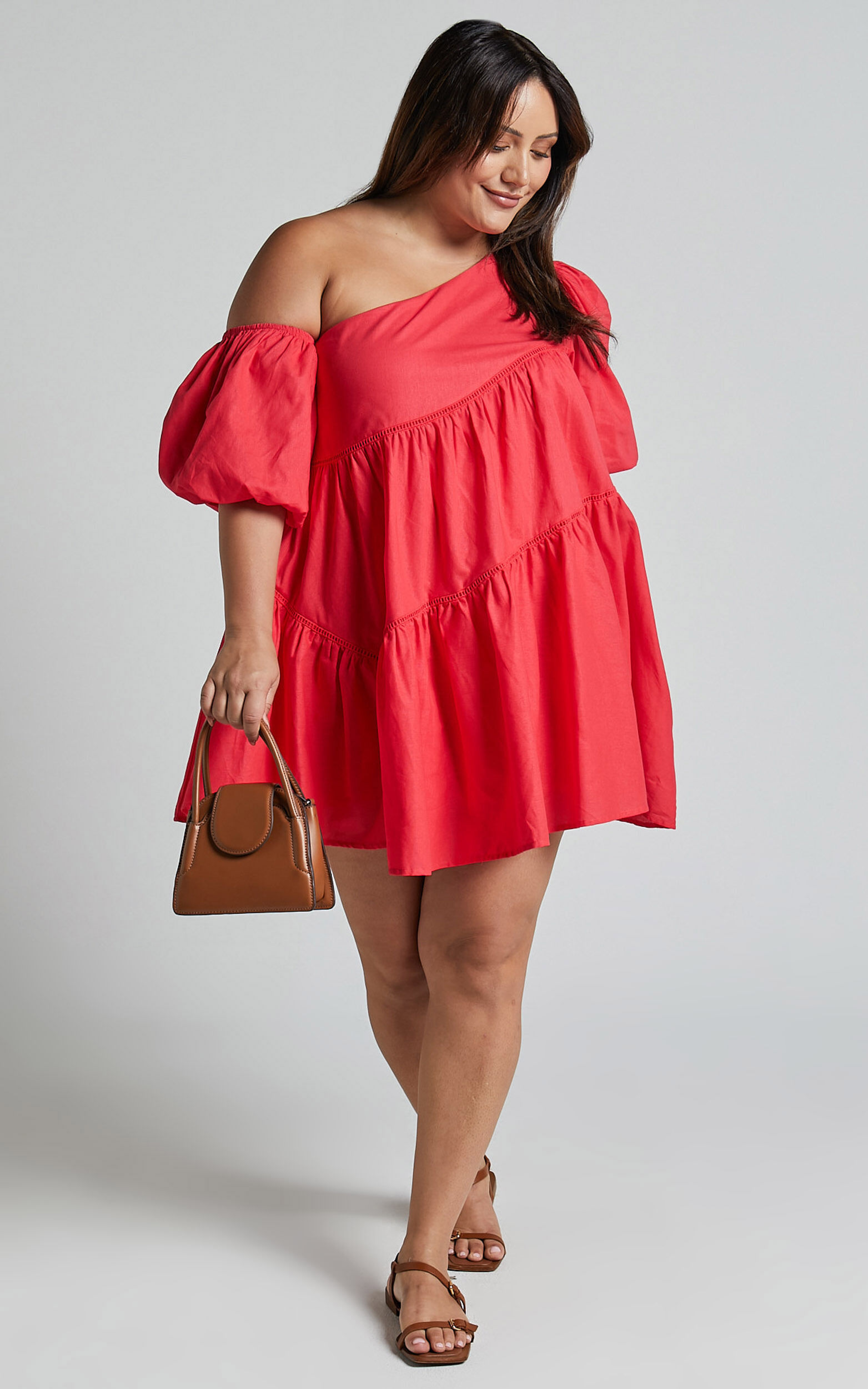 Linen-look Asymmetrical Trim Puff-Sleeve Mini Dress