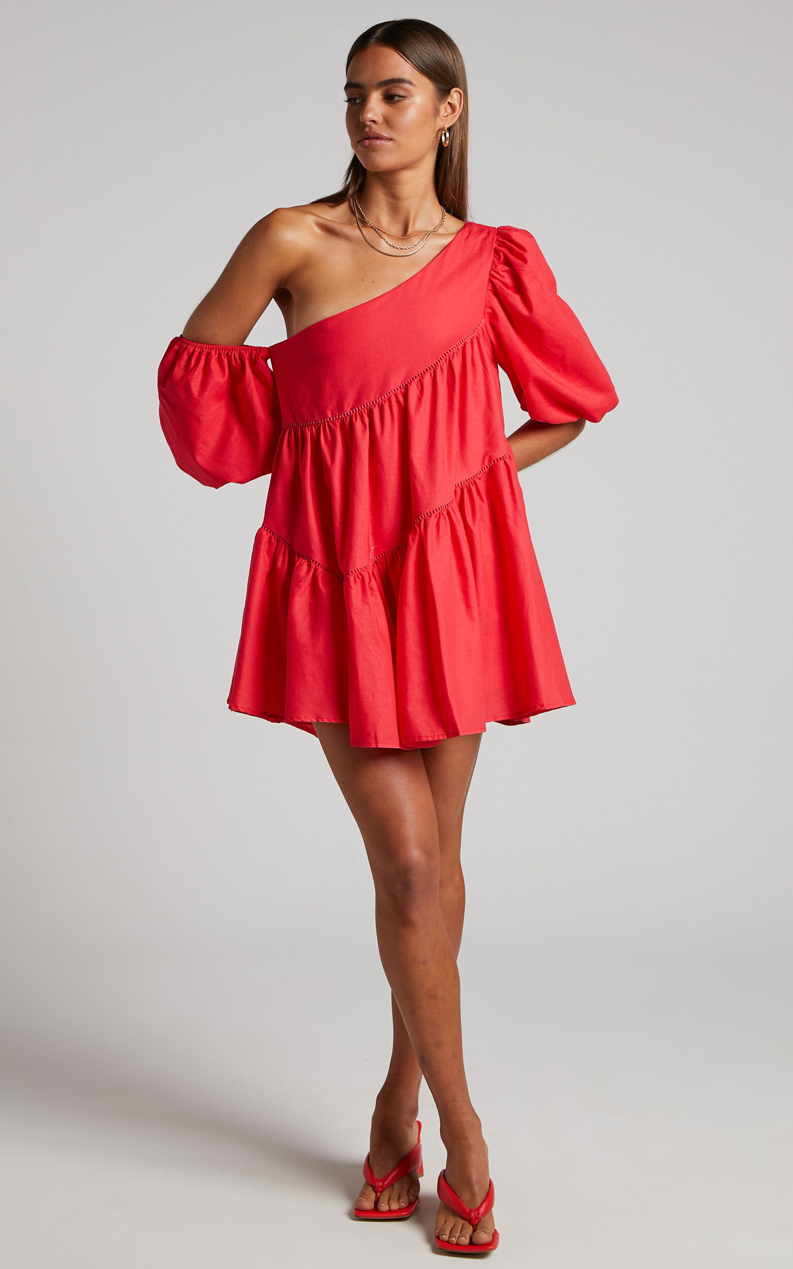Linen-look Asymmetrical Trim Puff-Sleeve Mini Dress
