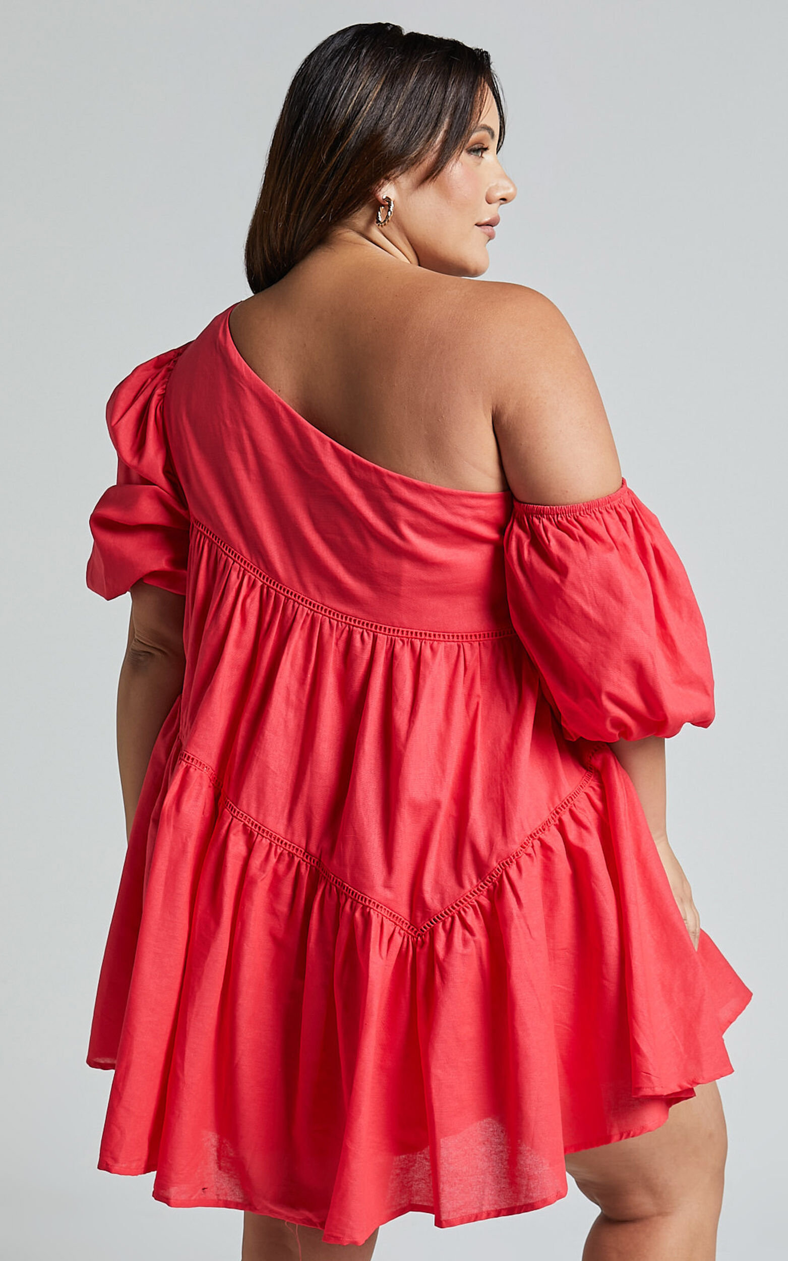 Linen-look Asymmetrical Trim Puff-Sleeve Mini Dress