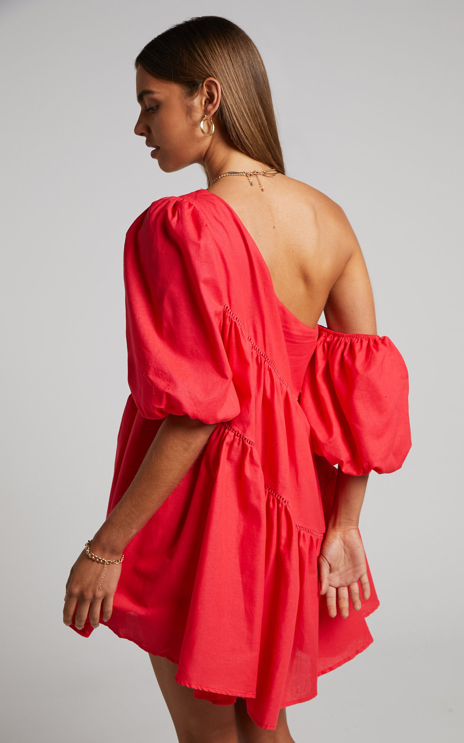 Linen-look Asymmetrical Trim Puff-Sleeve Mini Dress