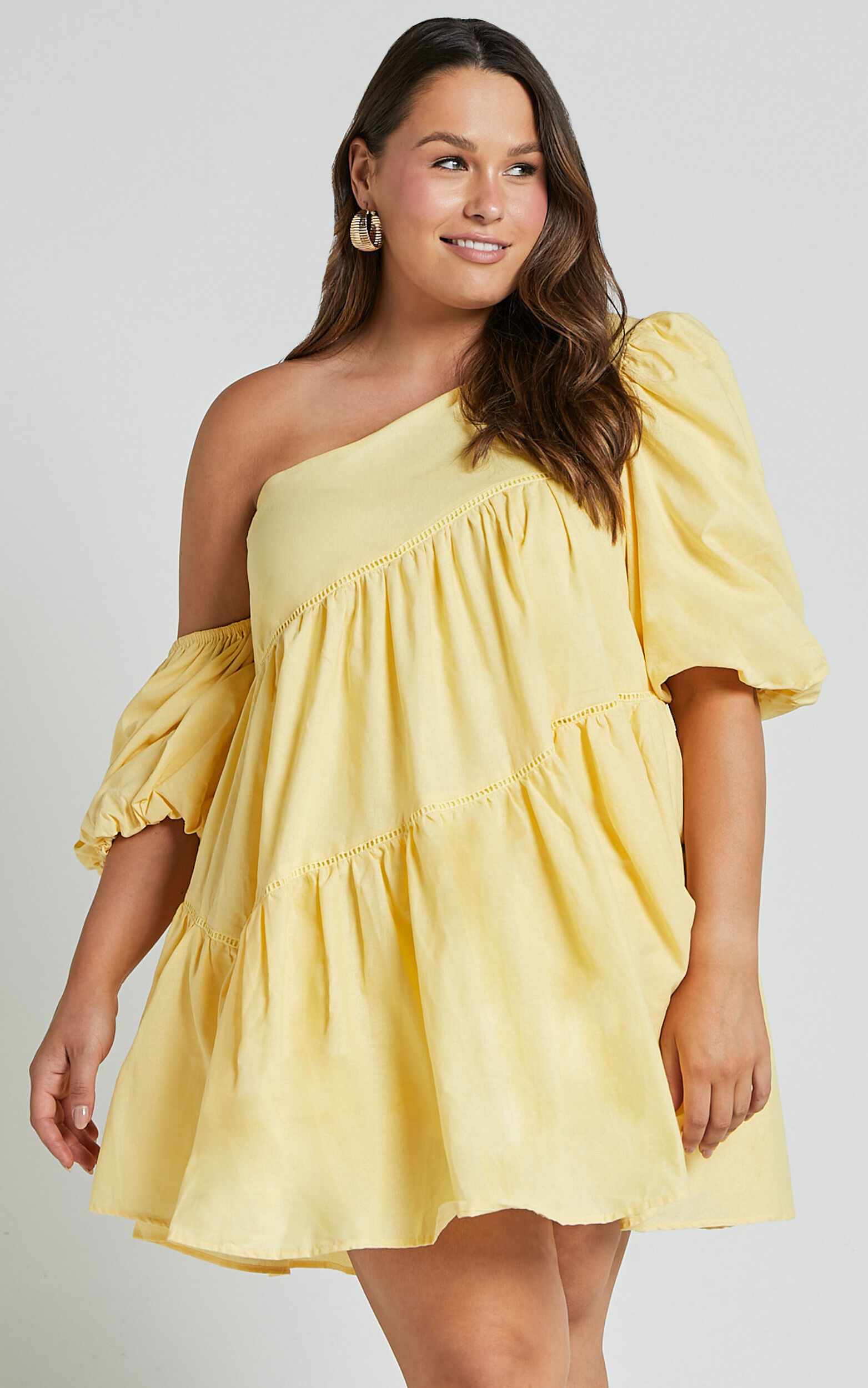 Linen-look Asymmetrical Trim Puff-Sleeve Mini Dress