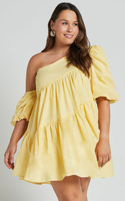 Linen-look Asymmetrical Trim Puff-Sleeve Mini Dress