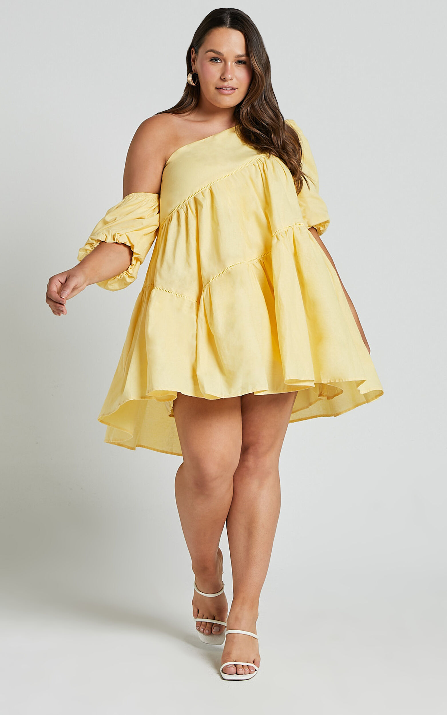 Linen-look Asymmetrical Trim Puff-Sleeve Mini Dress