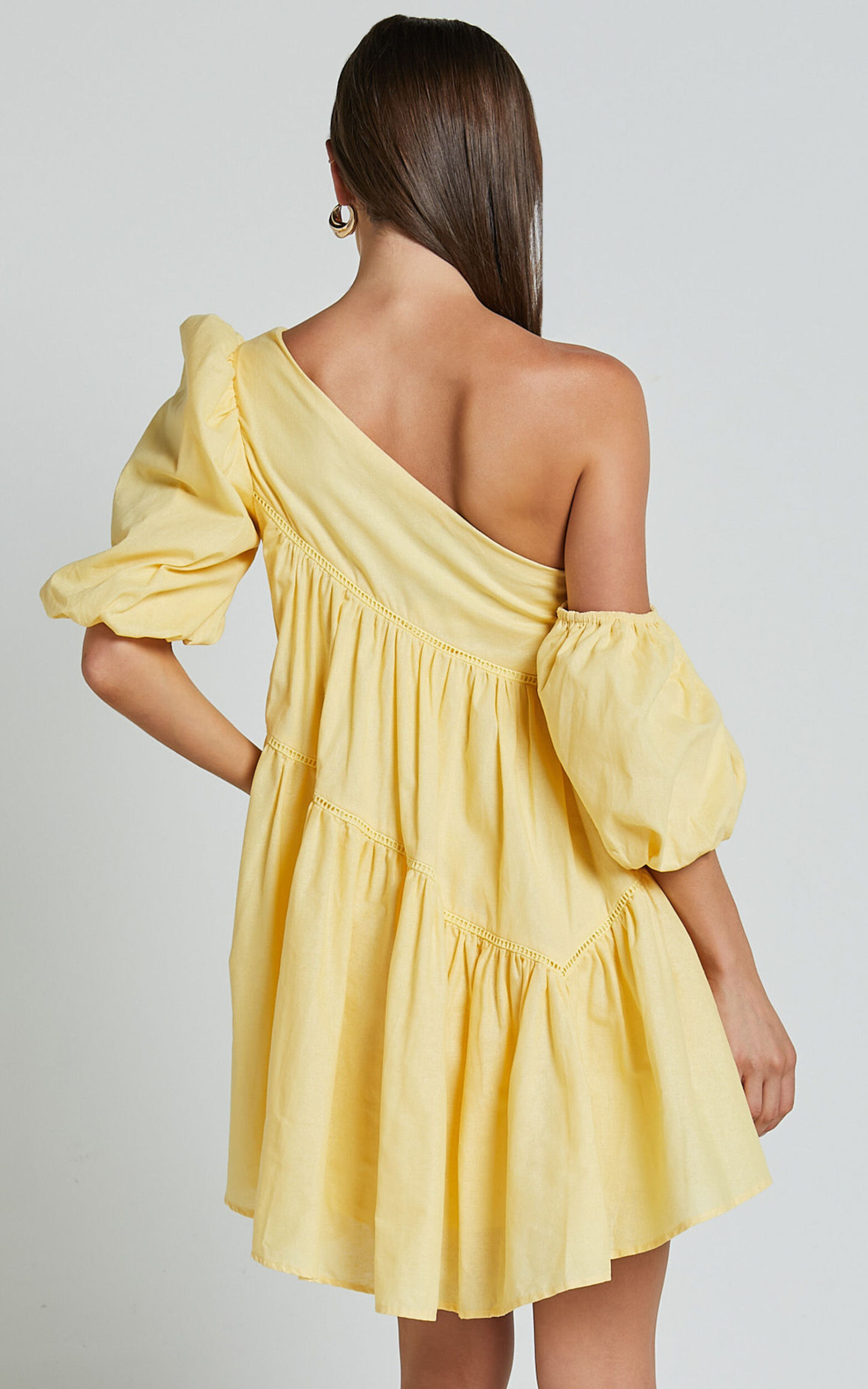 Linen-look Asymmetrical Trim Puff-Sleeve Mini Dress