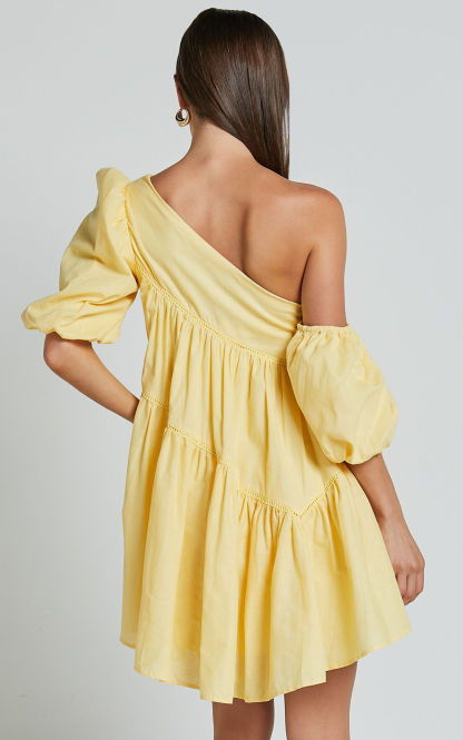 Linen-look Asymmetrical Trim Puff-Sleeve Mini Dress