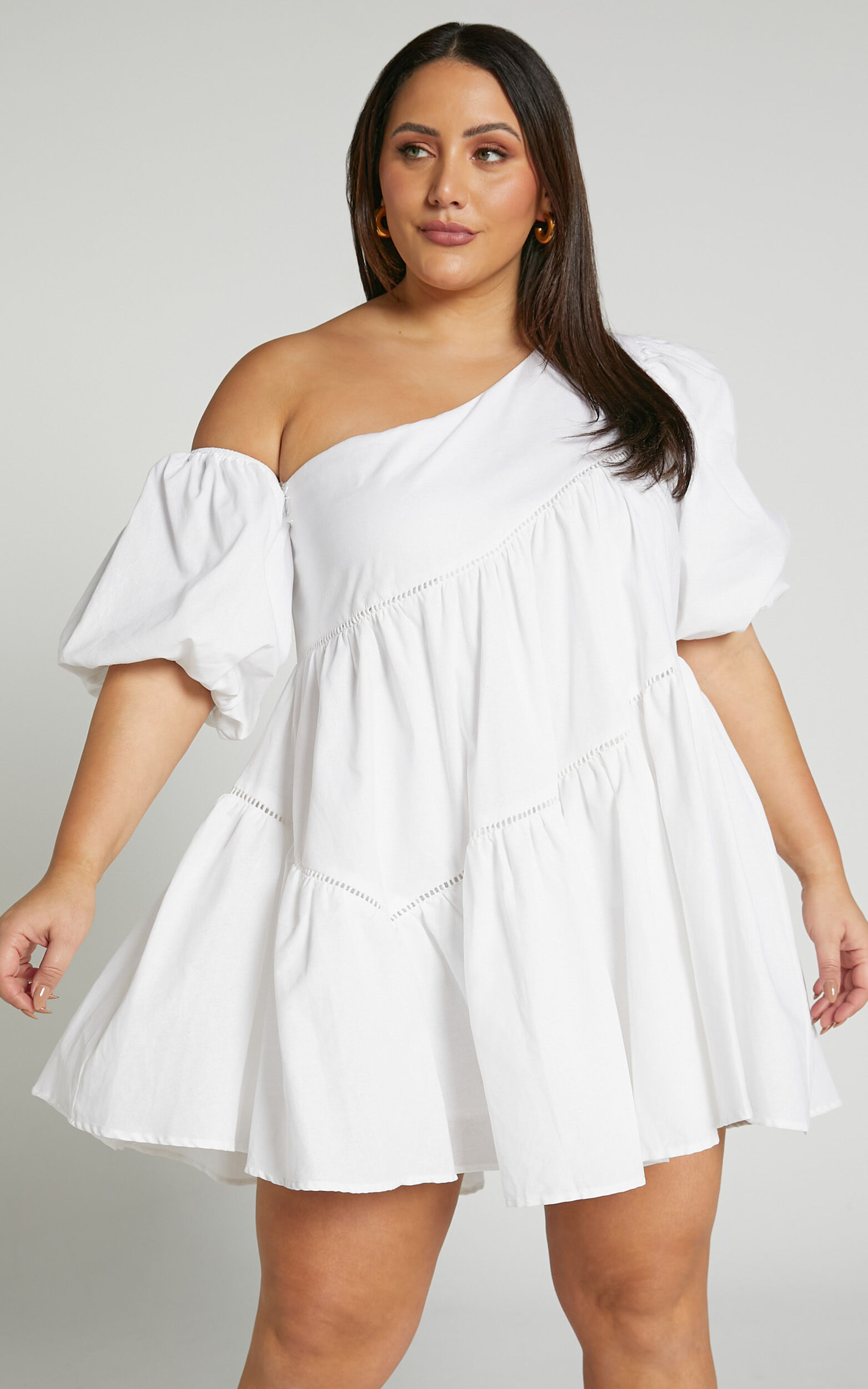Linen-look Asymmetrical Trim Puff-Sleeve Mini Dress