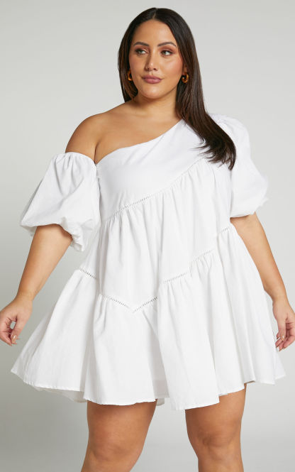 Linen-look Asymmetrical Trim Puff-Sleeve Mini Dress
