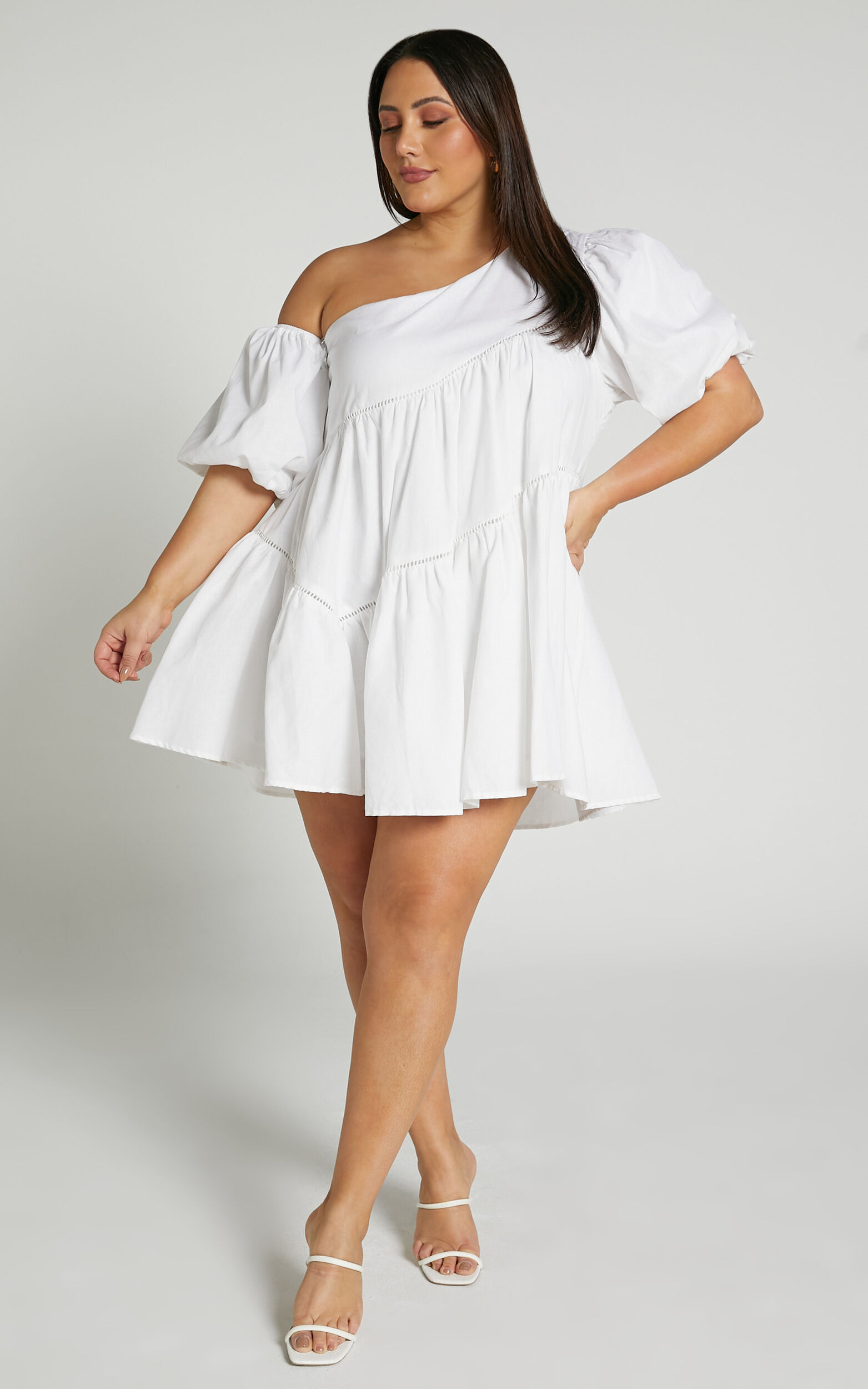 Linen-look Asymmetrical Trim Puff-Sleeve Mini Dress