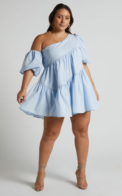 Linen-look Asymmetrical Trim Puff-Sleeve Mini Dress