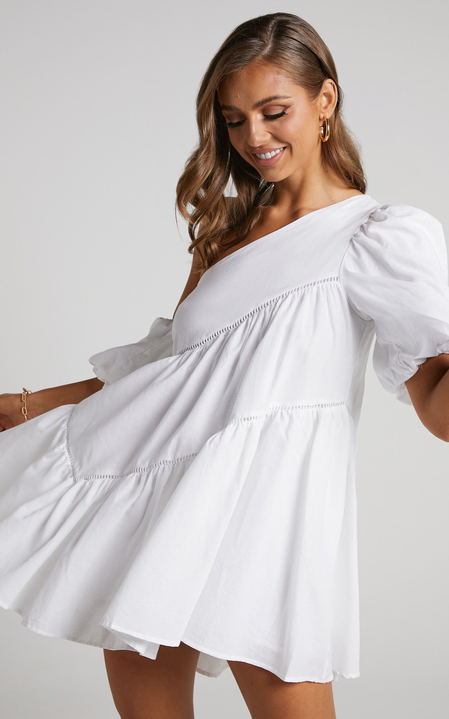 Linen-look Asymmetrical Trim Puff-Sleeve Mini Dress