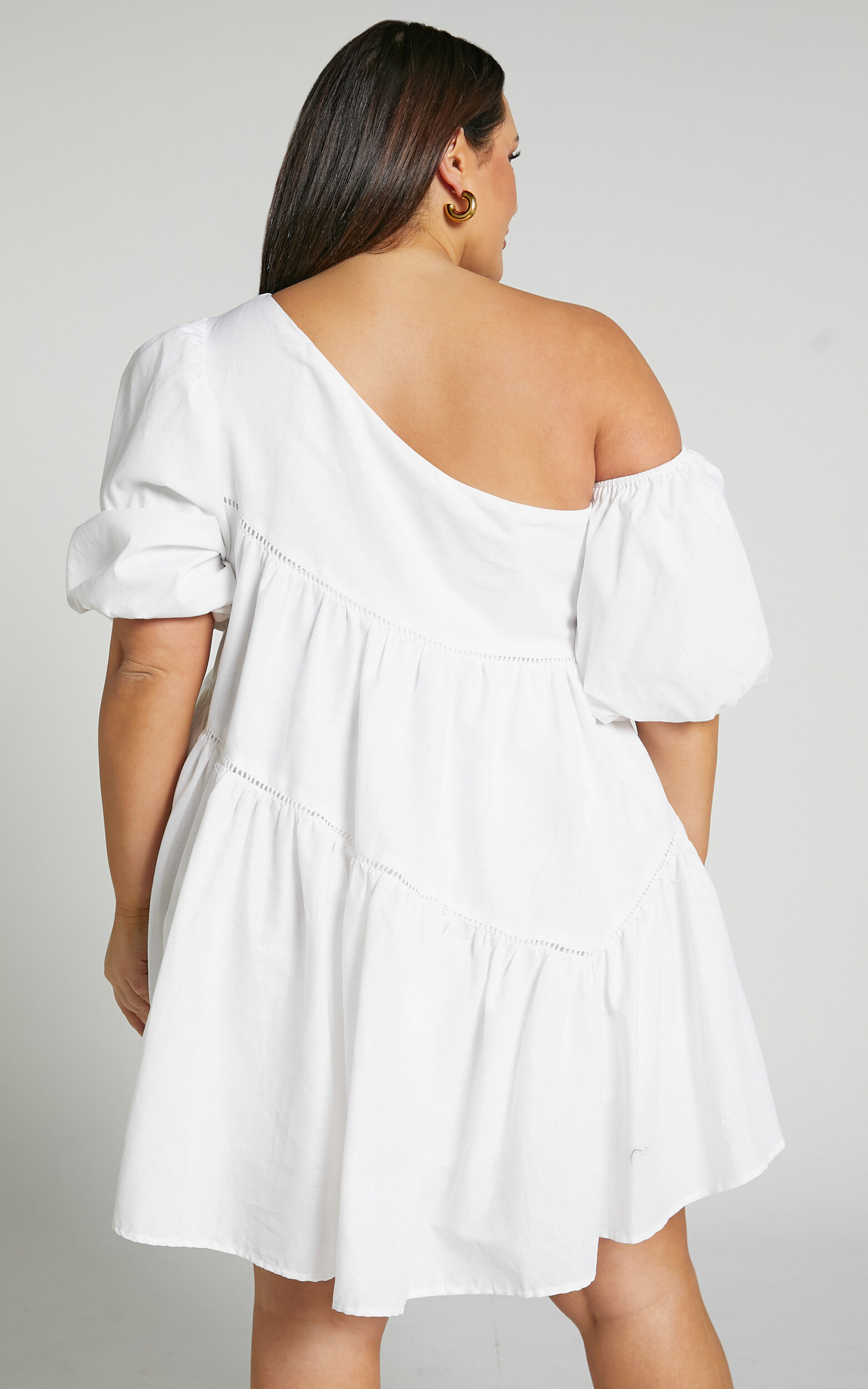 Linen-look Asymmetrical Trim Puff-Sleeve Mini Dress