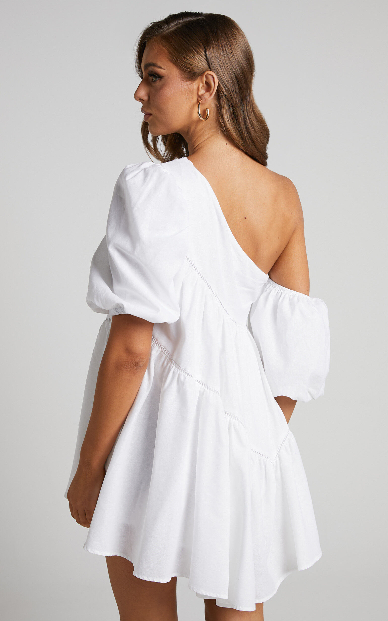 Linen-look Asymmetrical Trim Puff-Sleeve Mini Dress