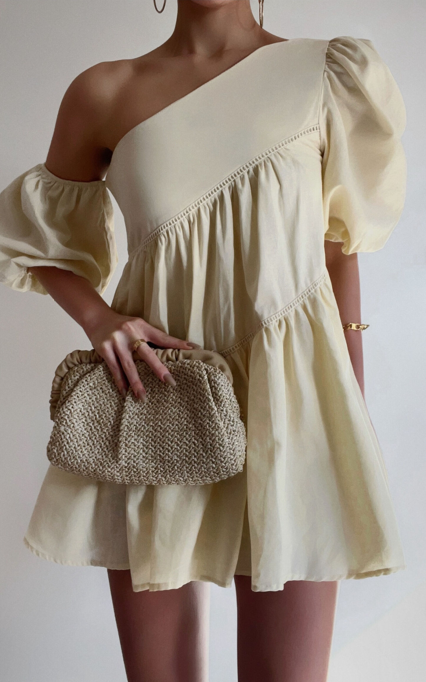 Linen-look Asymmetrical Trim Puff-Sleeve Mini Dress