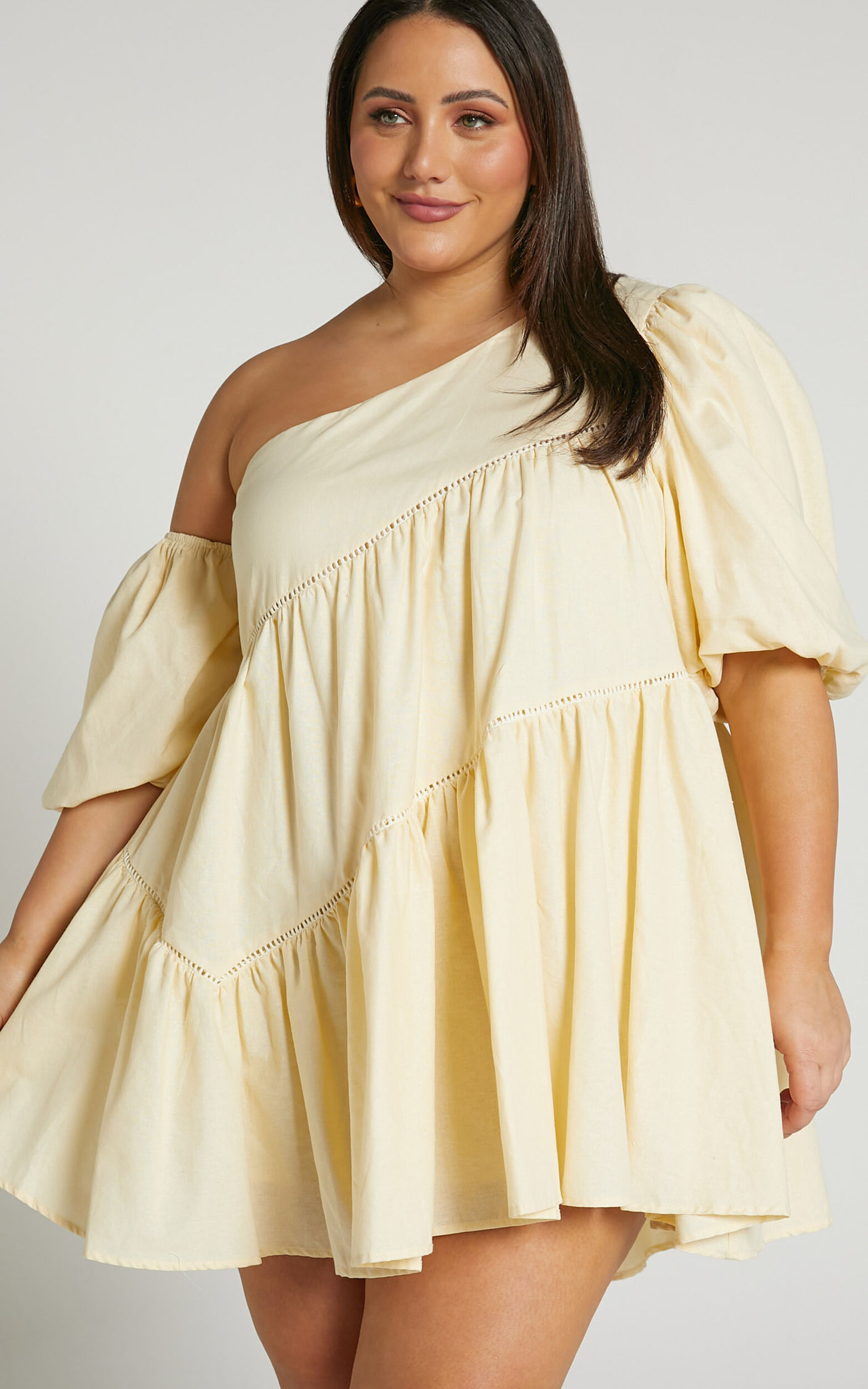 Linen-look Asymmetrical Trim Puff-Sleeve Mini Dress