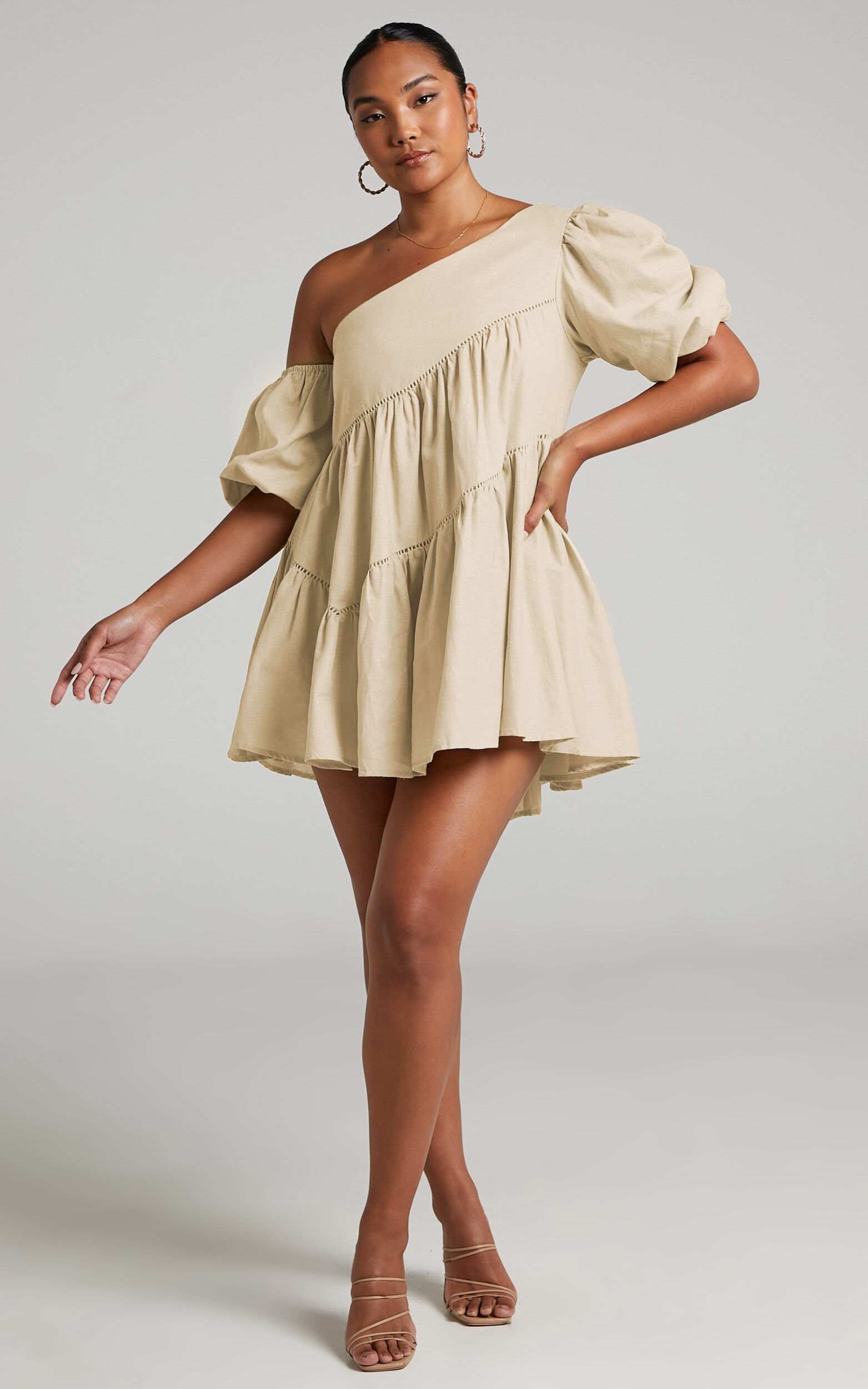 Linen-look Asymmetrical Trim Puff-Sleeve Mini Dress
