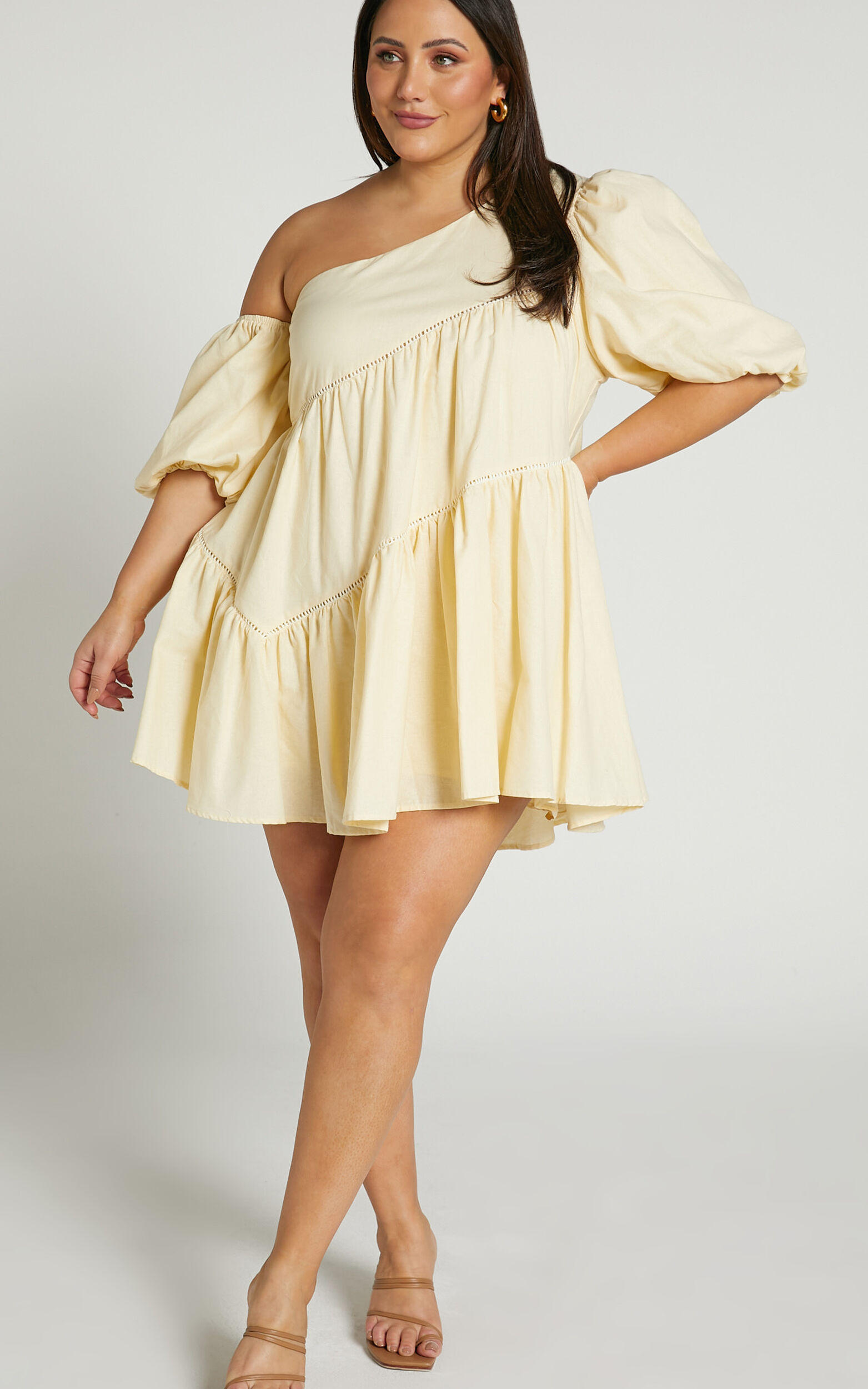 Linen-look Asymmetrical Trim Puff-Sleeve Mini Dress