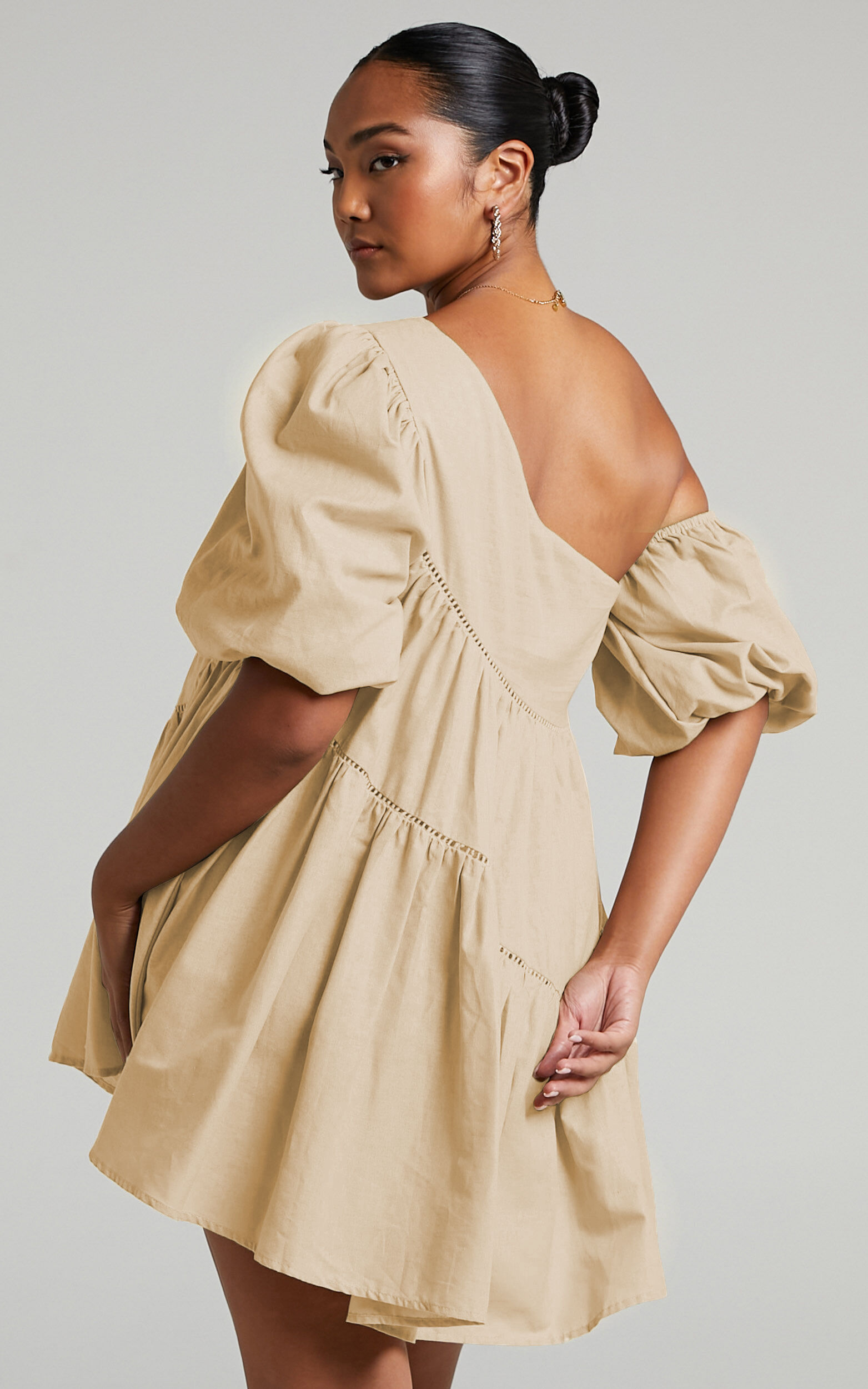 Linen-look Asymmetrical Trim Puff-Sleeve Mini Dress