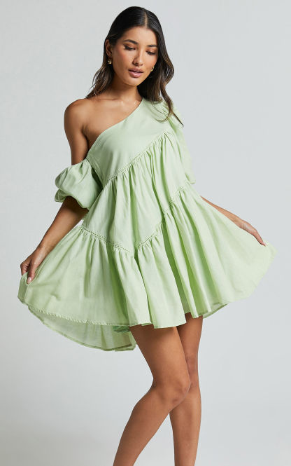 Linen-look Asymmetrical Trim Puff-Sleeve Mini Dress