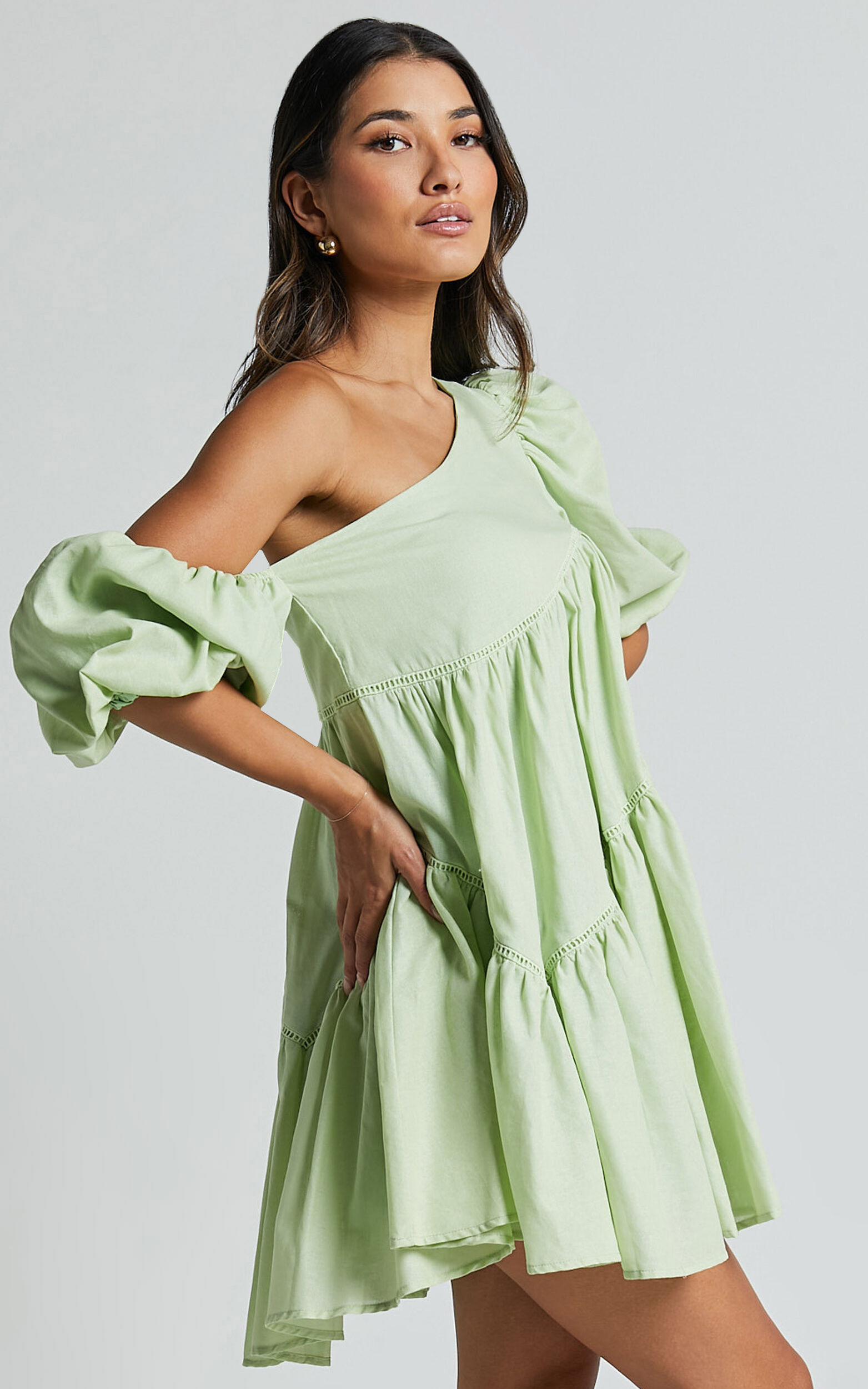 Linen-look Asymmetrical Trim Puff-Sleeve Mini Dress